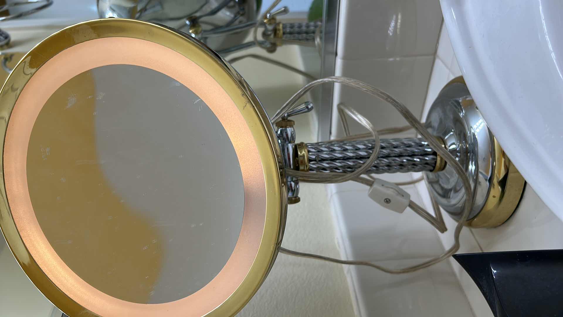 Photo 1 of CHROME AND BRASS LIGHTED MAGNIFYING MAKEUP MIRROR and CONAIR INFINITY PRO HAIR DRYER