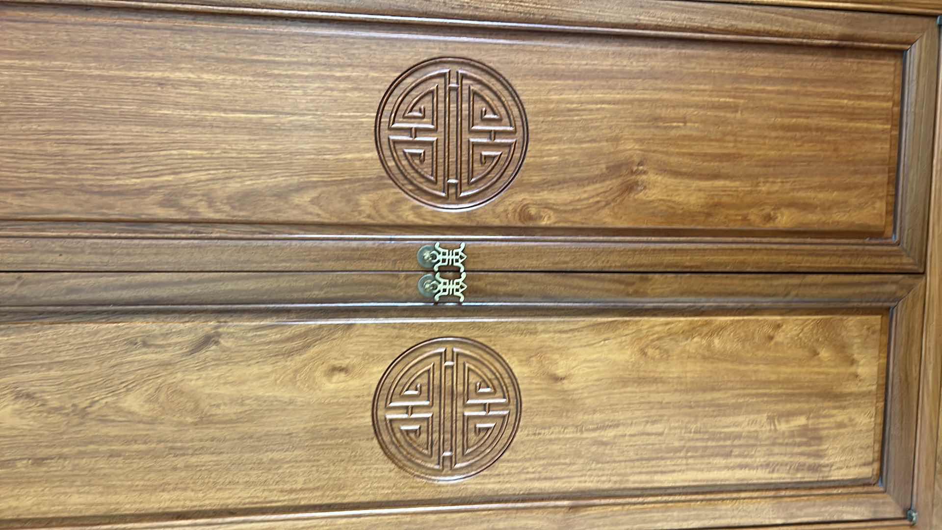 Photo 3 of ASIAN INSPIRED WOOD HEADBOARD AND WARDROBE 11’ x 20” x H 6’7” (MATTRESS SOLD SEPARATELY)