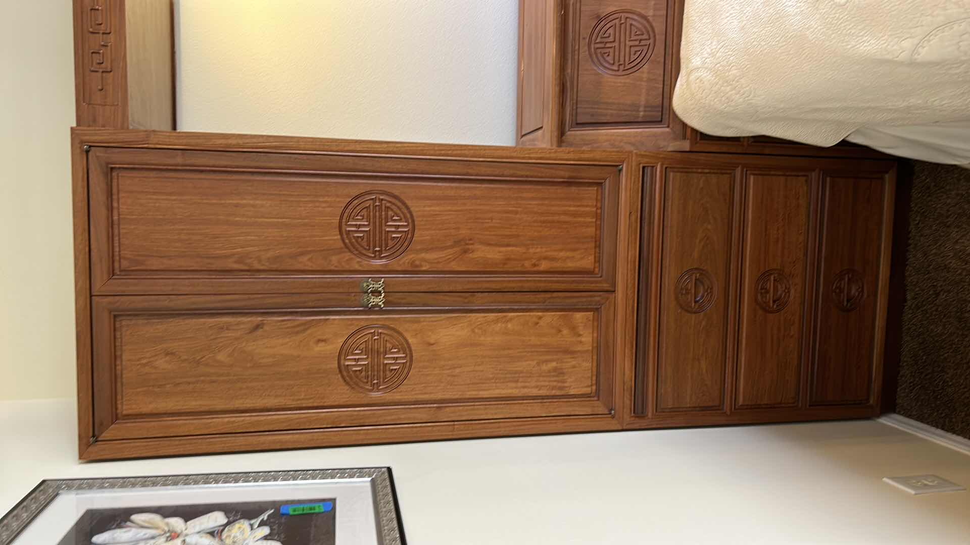 Photo 2 of ASIAN INSPIRED WOOD HEADBOARD AND WARDROBE 11’ x 20” x H 6’7” (MATTRESS SOLD SEPARATELY)