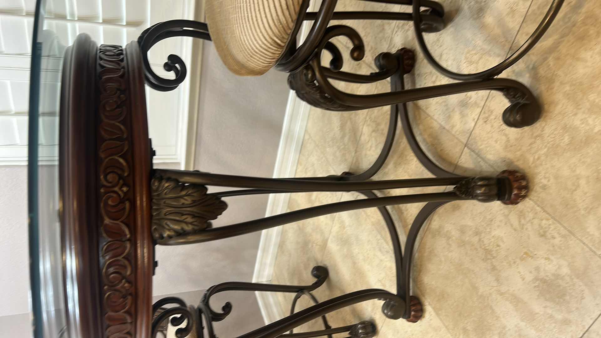 Photo 1 of ASHLEY FURNITURE- WOOD AND HEAVY IRON BAR HEIGHT CAFE TABLE WITH 2 SWIVEL BARSTOOLS 40” ROUND, H3’