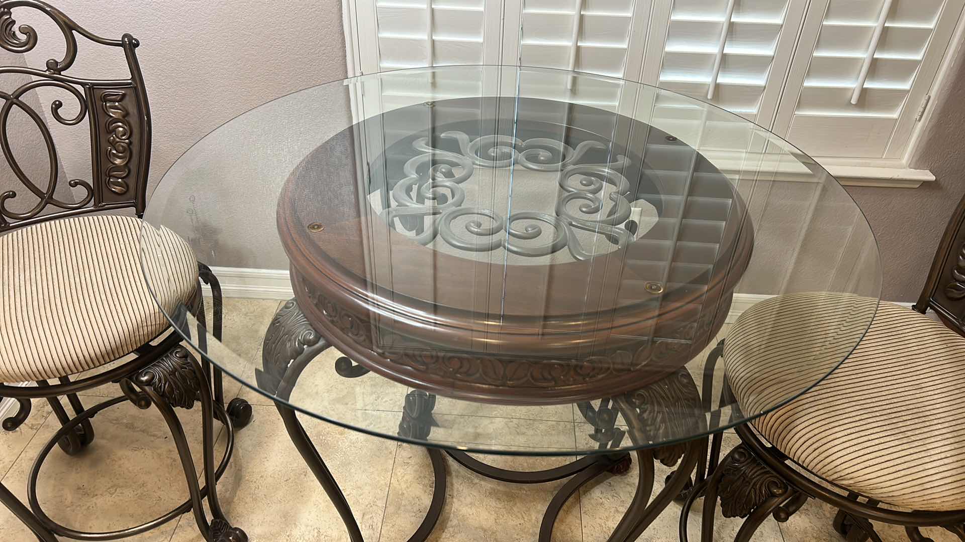 Photo 1 of ASHLEY FURNITURE- WOOD AND HEAVY IRON BAR HEIGHT CAFE TABLE WITH 2 SWIVEL BARSTOOLS 40” ROUND, H3’