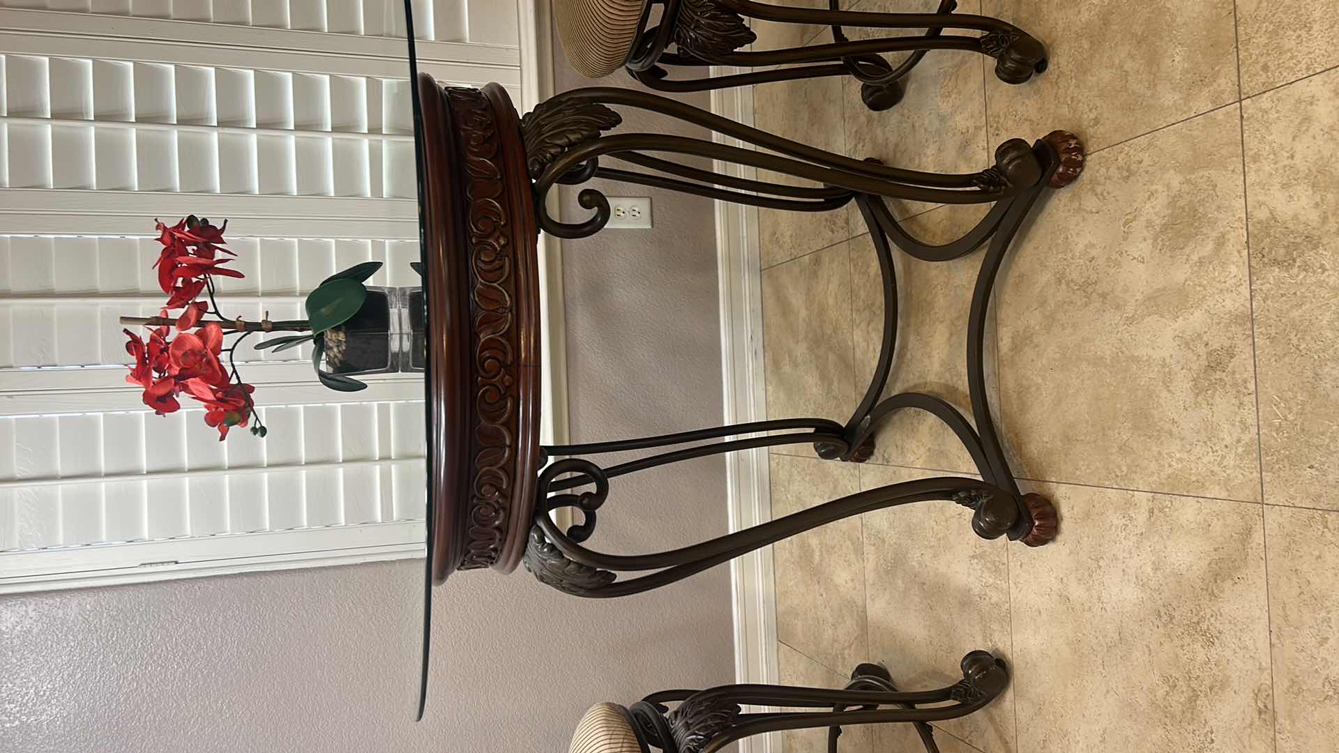 Photo 1 of ASHLEY FURNITURE- WOOD AND HEAVY IRON BAR HEIGHT CAFE TABLE WITH 2 SWIVEL BARSTOOLS 40” ROUND, H3’