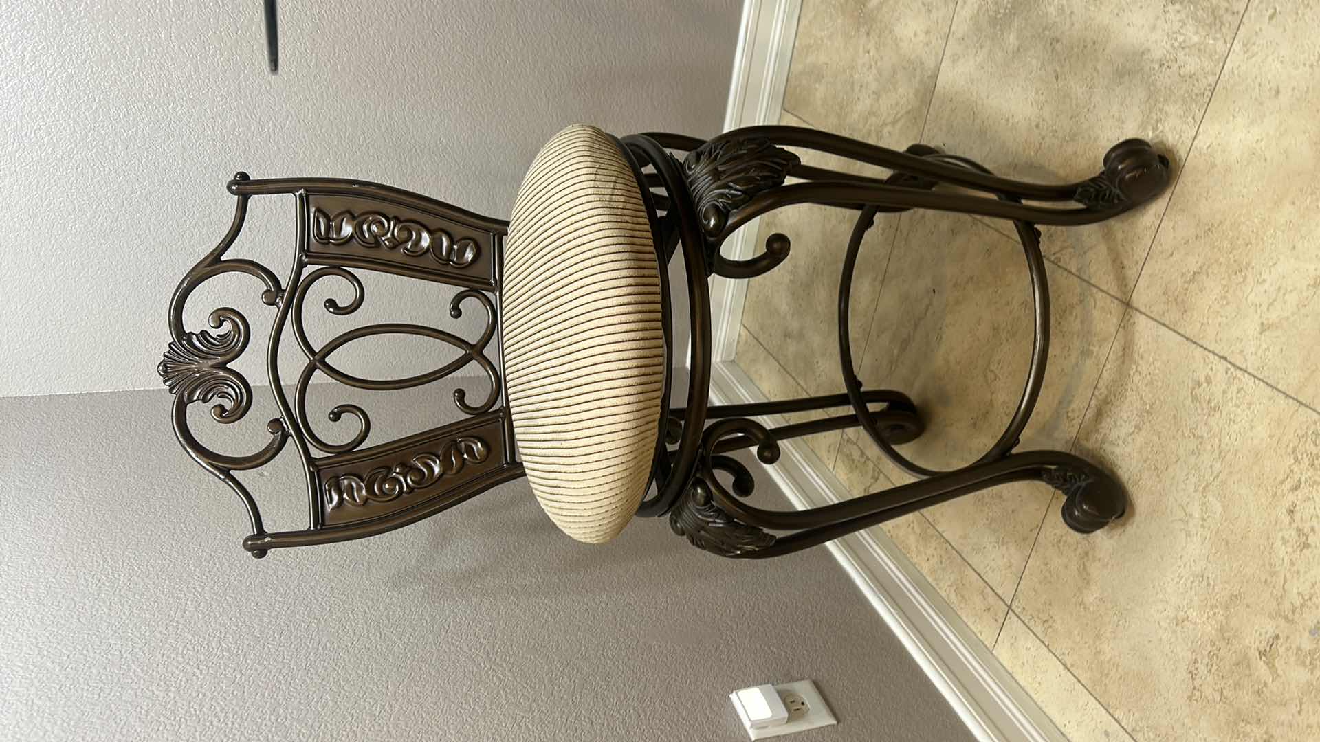 Photo 1 of ASHLEY FURNITURE- WOOD AND HEAVY IRON BAR HEIGHT CAFE TABLE WITH 2 SWIVEL BARSTOOLS 40” ROUND, H3’