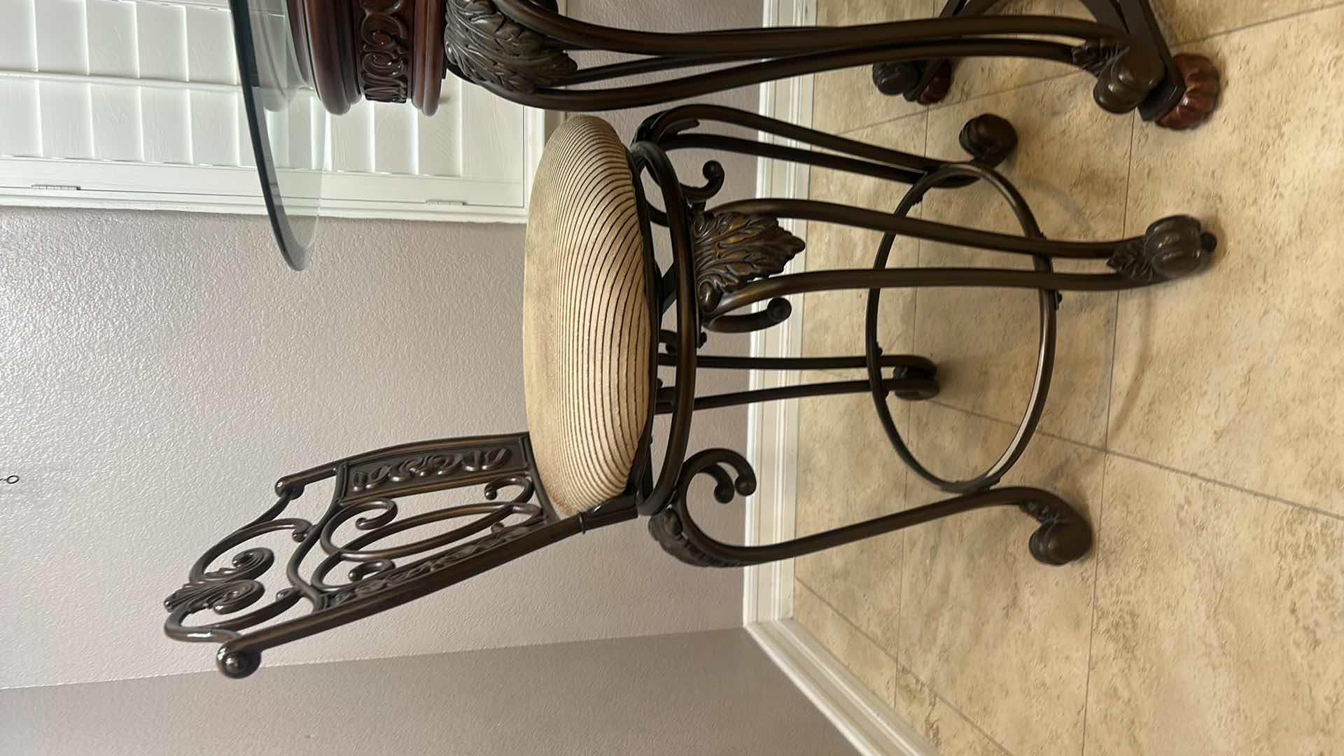 Photo 1 of ASHLEY FURNITURE- WOOD AND HEAVY IRON BAR HEIGHT CAFE TABLE WITH 2 SWIVEL BARSTOOLS 40” ROUND, H3’