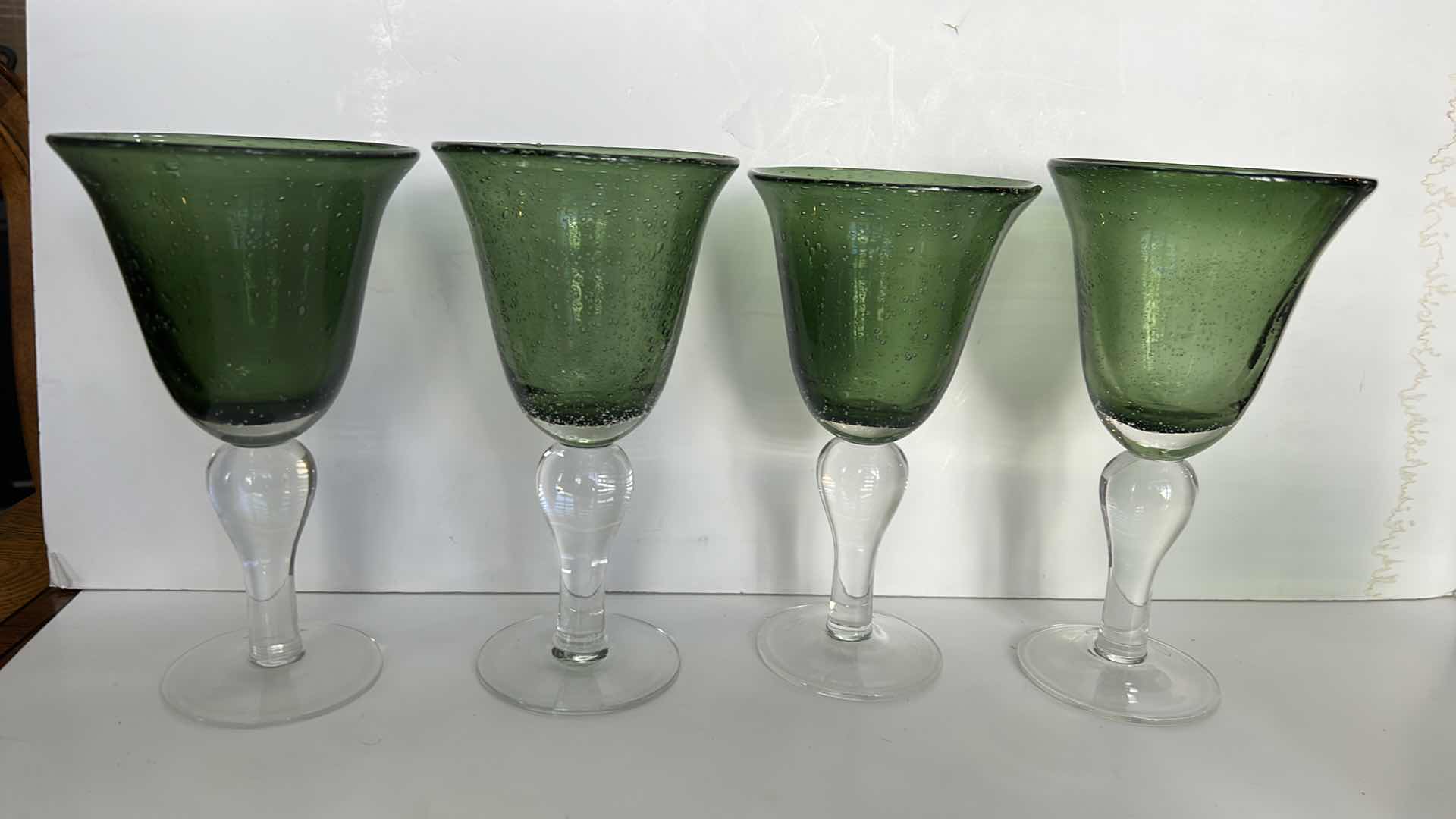 Photo 1 of GREEN SPECKLED GLASS PITCHER WITH 4 STEMMED GLASSES