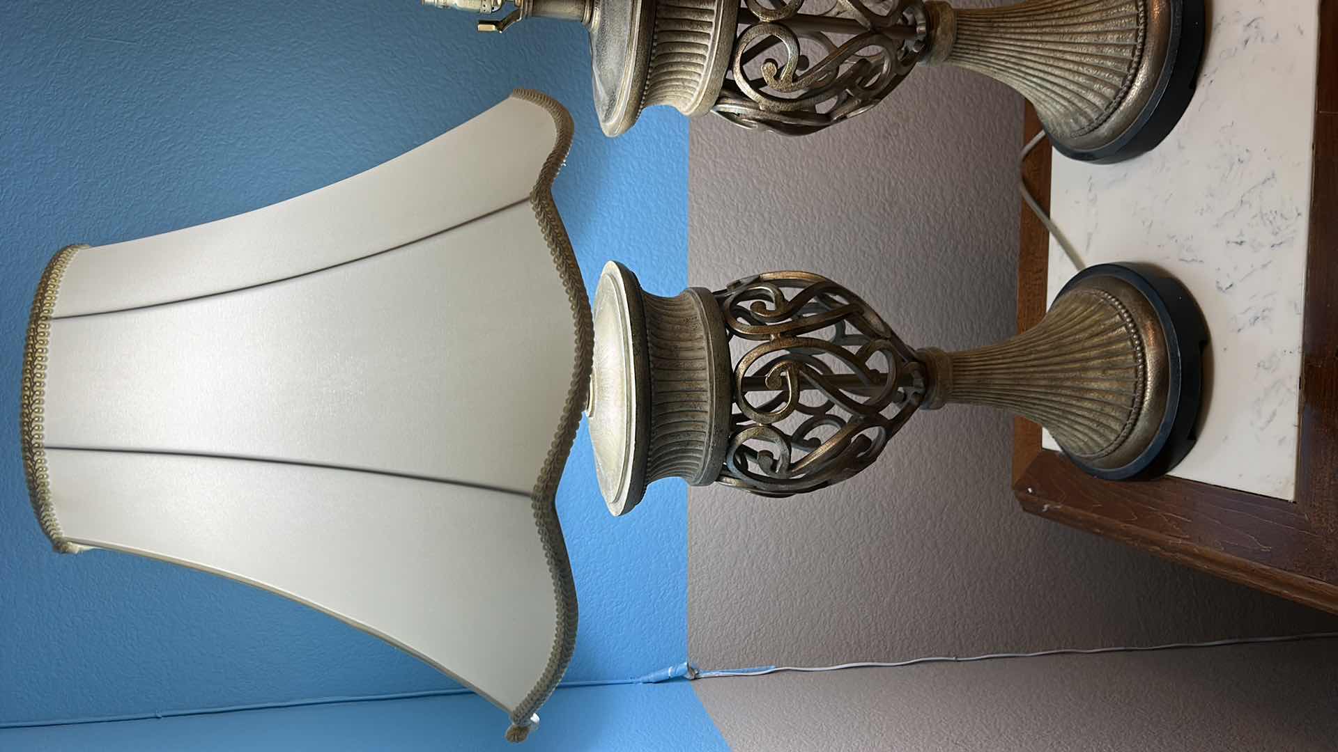 Photo 1 of TWO HEAVY AGED METAL TABLE LAMPS -  WITH SHADE H35” (