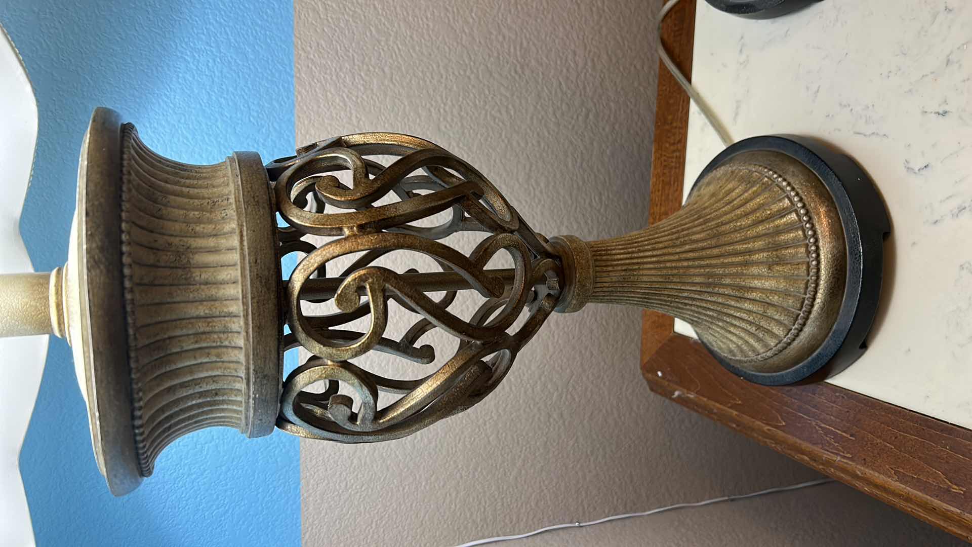 Photo 1 of TWO HEAVY AGED METAL TABLE LAMPS -  WITH SHADE H35” (