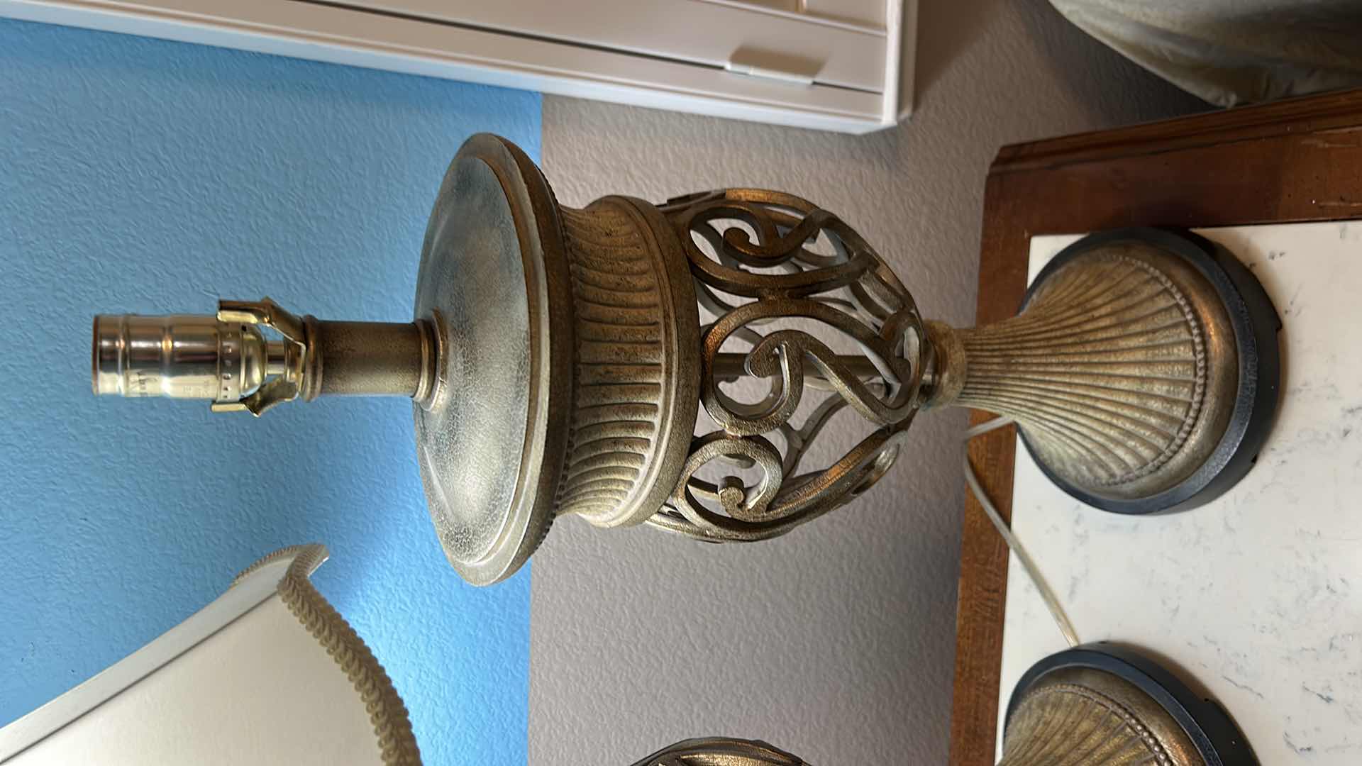 Photo 1 of TWO HEAVY AGED METAL TABLE LAMPS -  WITH SHADE H35” (