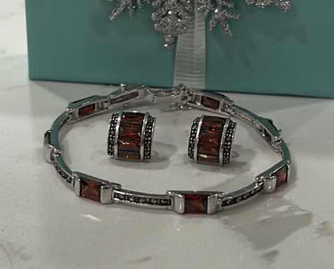 Photo 1 of FINE JEWELRY- .925 STERLING SILVER MARCASITE AND GARNET BRACELET AND EARRINGS