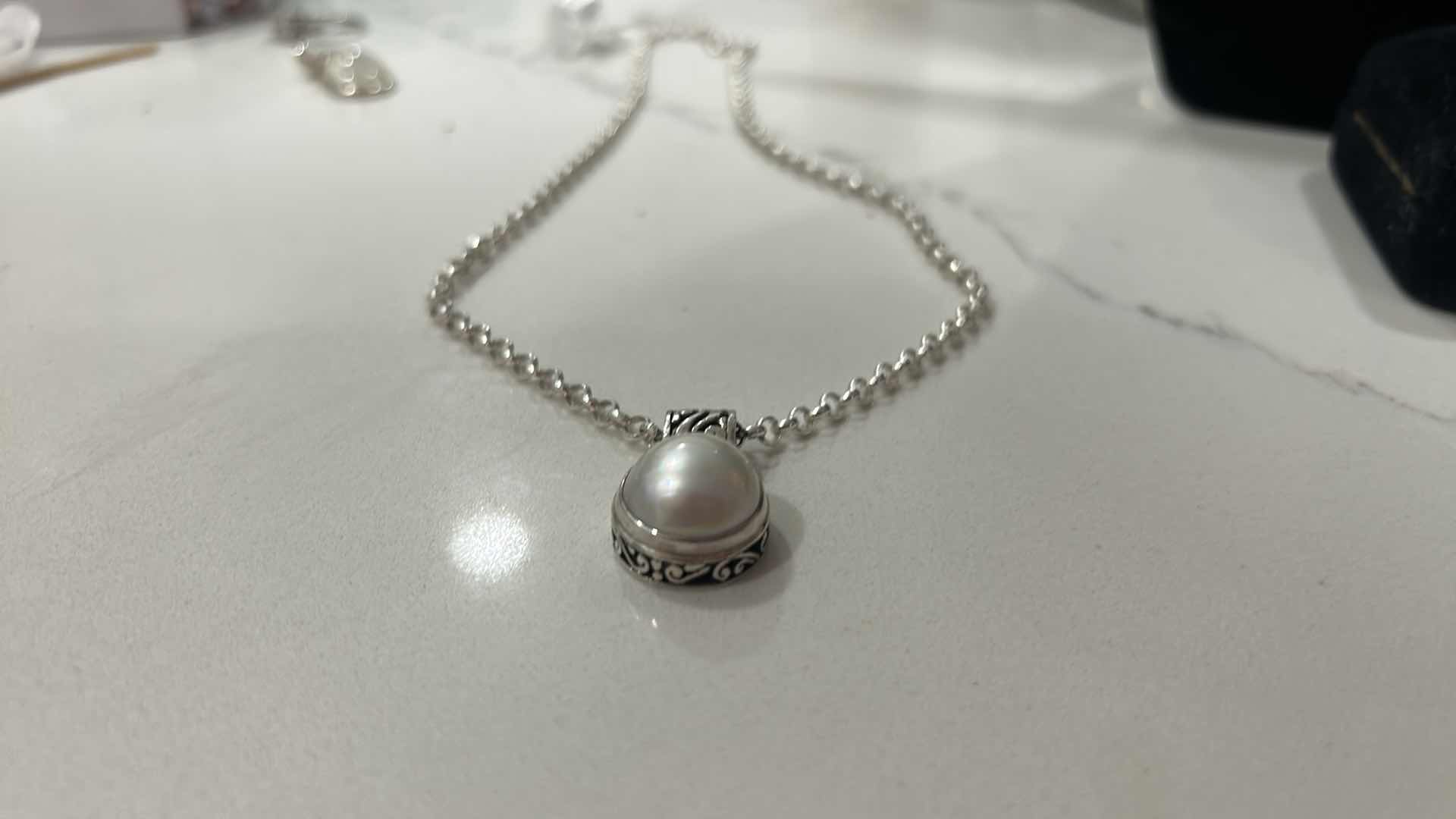 Photo 1 of FINE JEWELRY- .925 NECKLACE WITH PEARL PENDANT (PEARL IS 1/2 INCH)