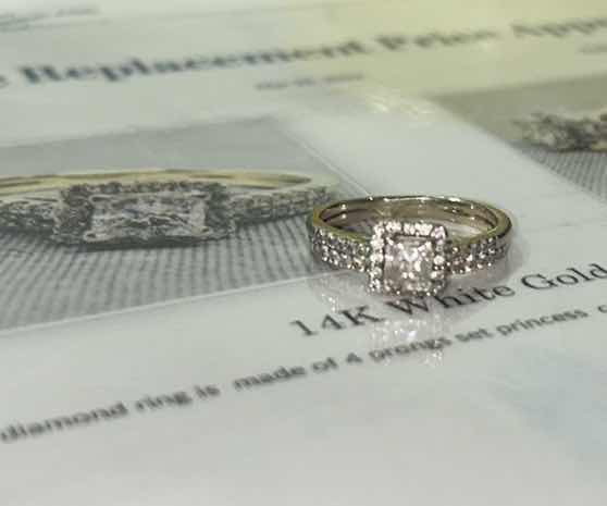 Photo 1 of FINE JEWELRY- 14K WHITE GOLD RING- 4 PRONGS SET PRINCESS CUT DIAMOND SURROUNDED BY 4 PRONGS SET 41 ROUND BRILLIANT CUT DIAMONDS SIZE 7.5