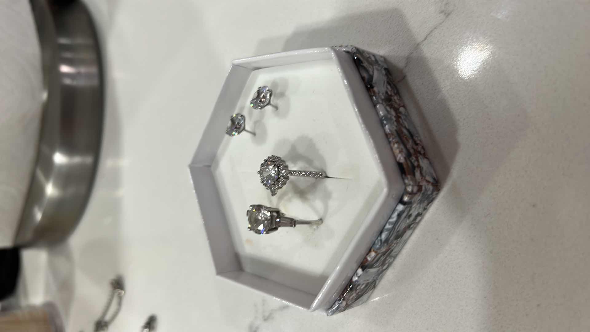 Photo 4 of FINE JEWELRY- . 925 STERLING SILVER JEWELRY ASSORTMENT- TWO RINGS, NECKLACE AND EARRINGS RINGS SIZE 7.5 & 8