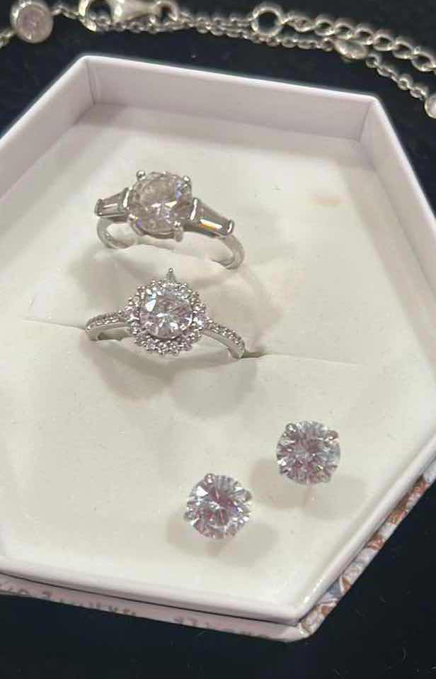 Photo 2 of FINE JEWELRY- . 925 STERLING SILVER JEWELRY ASSORTMENT- TWO RINGS, NECKLACE AND EARRINGS RINGS SIZE 7.5 & 8