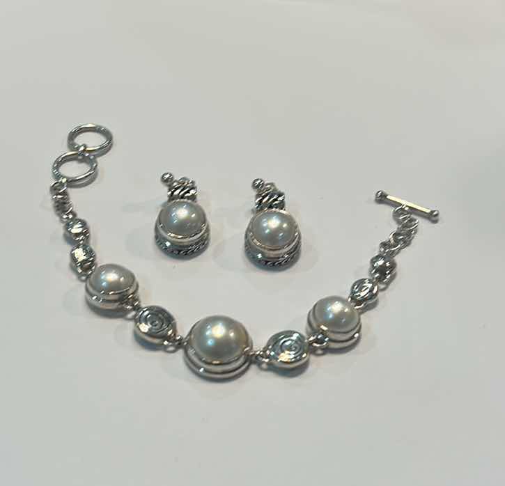 Photo 1 of FINE JEWELRY- .925 STERLING SILVER BRACELET AND EARRINGS WITH PEARLS