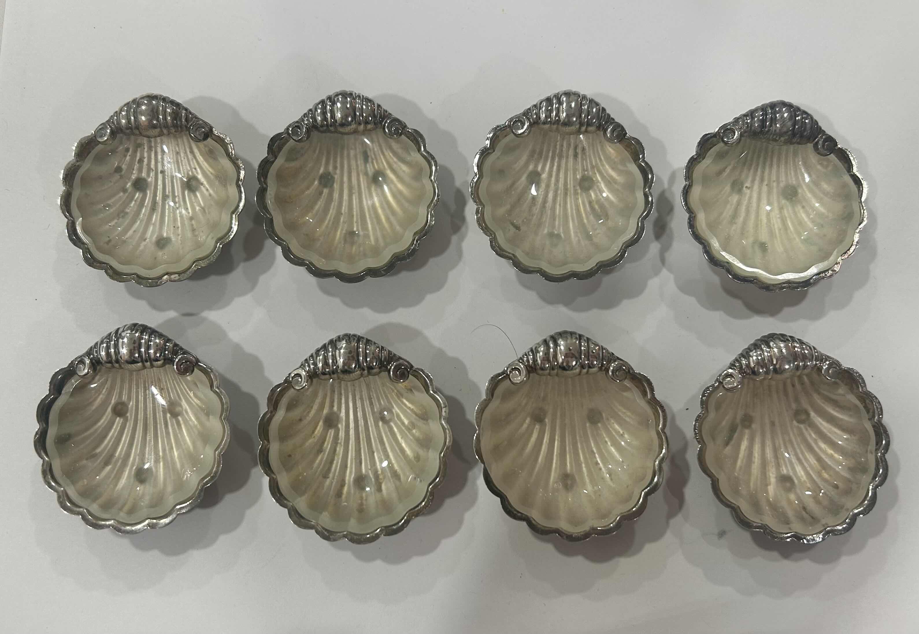 Photo 1 of 8 RARE - 2” VINTAGE SILVER PLATED SHELLS WITH GLASS INSERTS (SALT IR SPICE PLACE SETTINGS AT FORMAL TABLE)