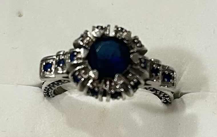 Photo 1 of FINE JEWELRY- .925 STERLING SILVER RING WITH DEEP BLUE GEMSTONES SIZE 6