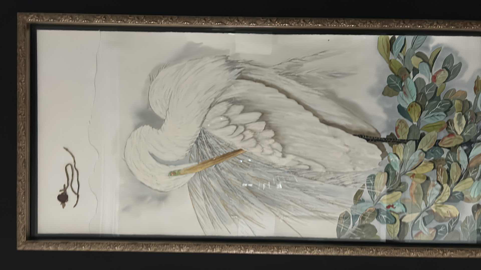 Photo 1 of WALL DECOR LARGE ORNATELY FRAMED ARTWORK, ELEGANT CRANE, 32” x 66”