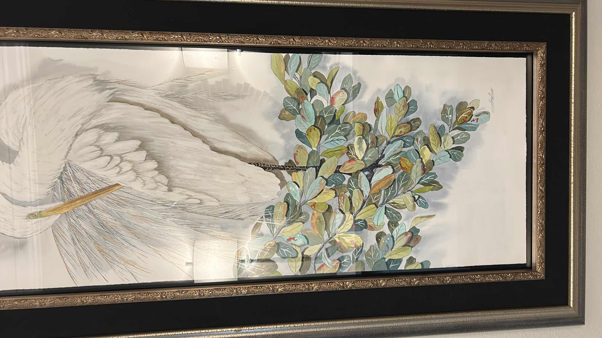 Photo 1 of WALL DECOR LARGE ORNATELY FRAMED ARTWORK, ELEGANT CRANE, 32” x 66”