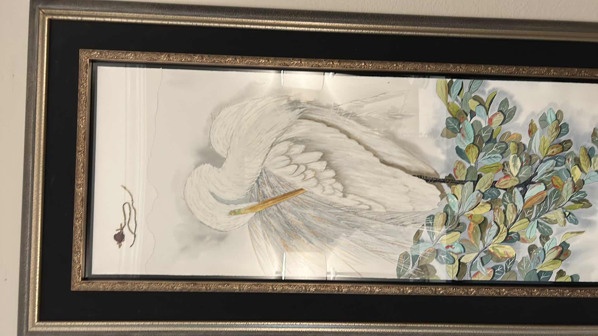 Photo 1 of WALL DECOR LARGE ORNATELY FRAMED ARTWORK, ELEGANT CRANE, 32” x 66”