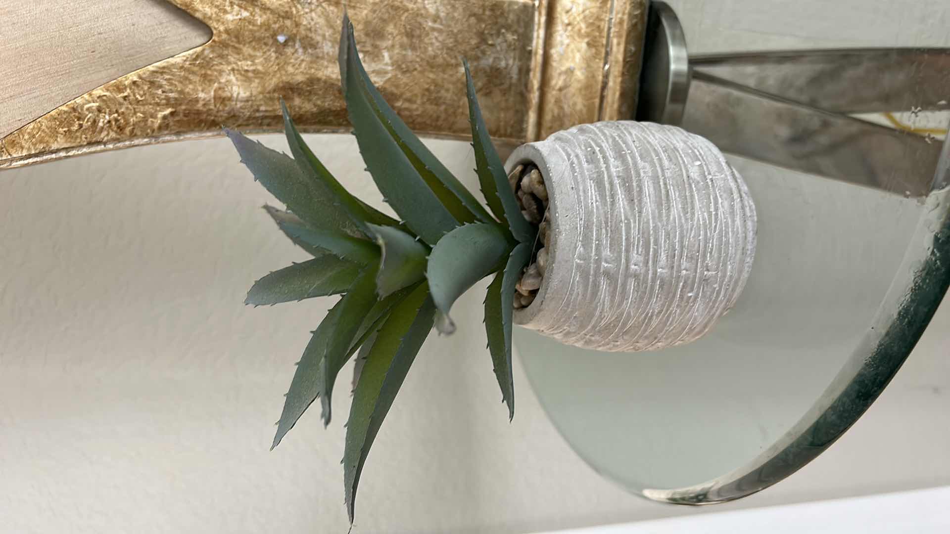 Photo 7 of ELEGANT TALL, MODERN CHROME AND GLASS TOP TABLE WITH HEAVY MARBLE BASE, WITH LAMP AND FAUX PLANT 26” x 50”