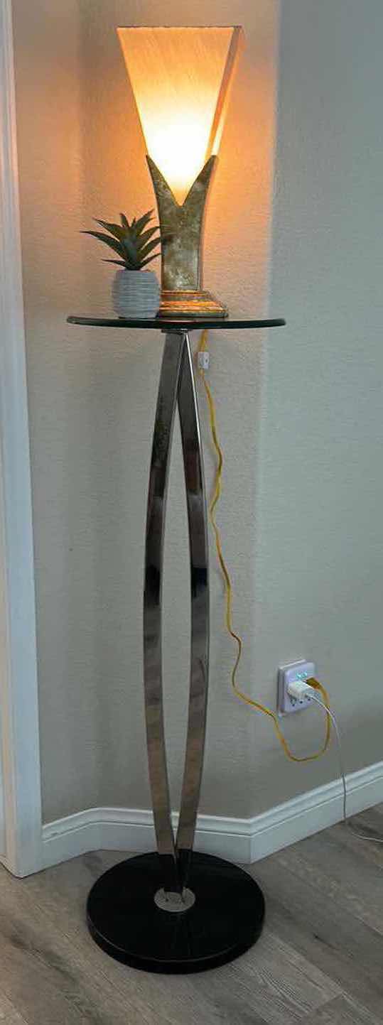 Photo 10 of ELEGANT TALL, MODERN CHROME AND GLASS TOP TABLE WITH HEAVY MARBLE BASE, WITH LAMP AND FAUX PLANT 26” x 50”