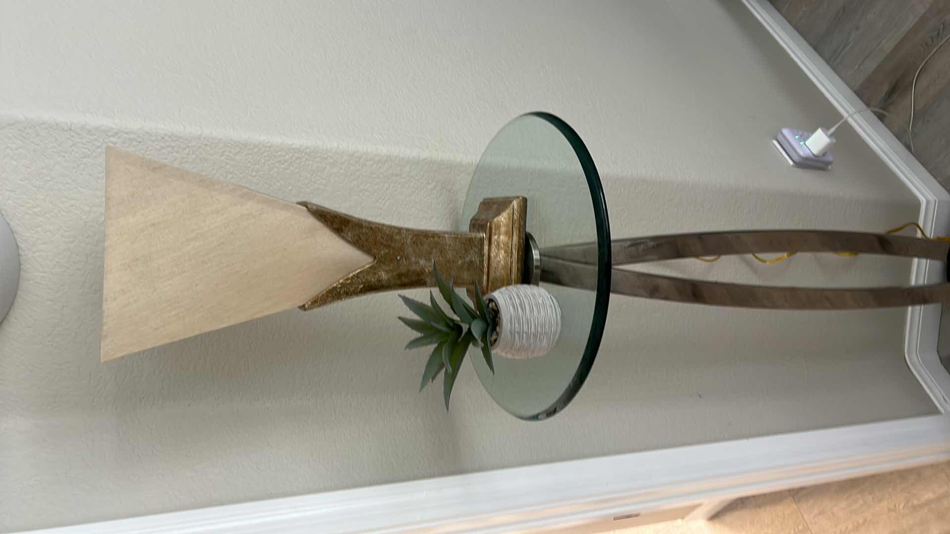 Photo 3 of ELEGANT TALL, MODERN CHROME AND GLASS TOP TABLE WITH HEAVY MARBLE BASE, WITH LAMP AND FAUX PLANT 26” x 50”