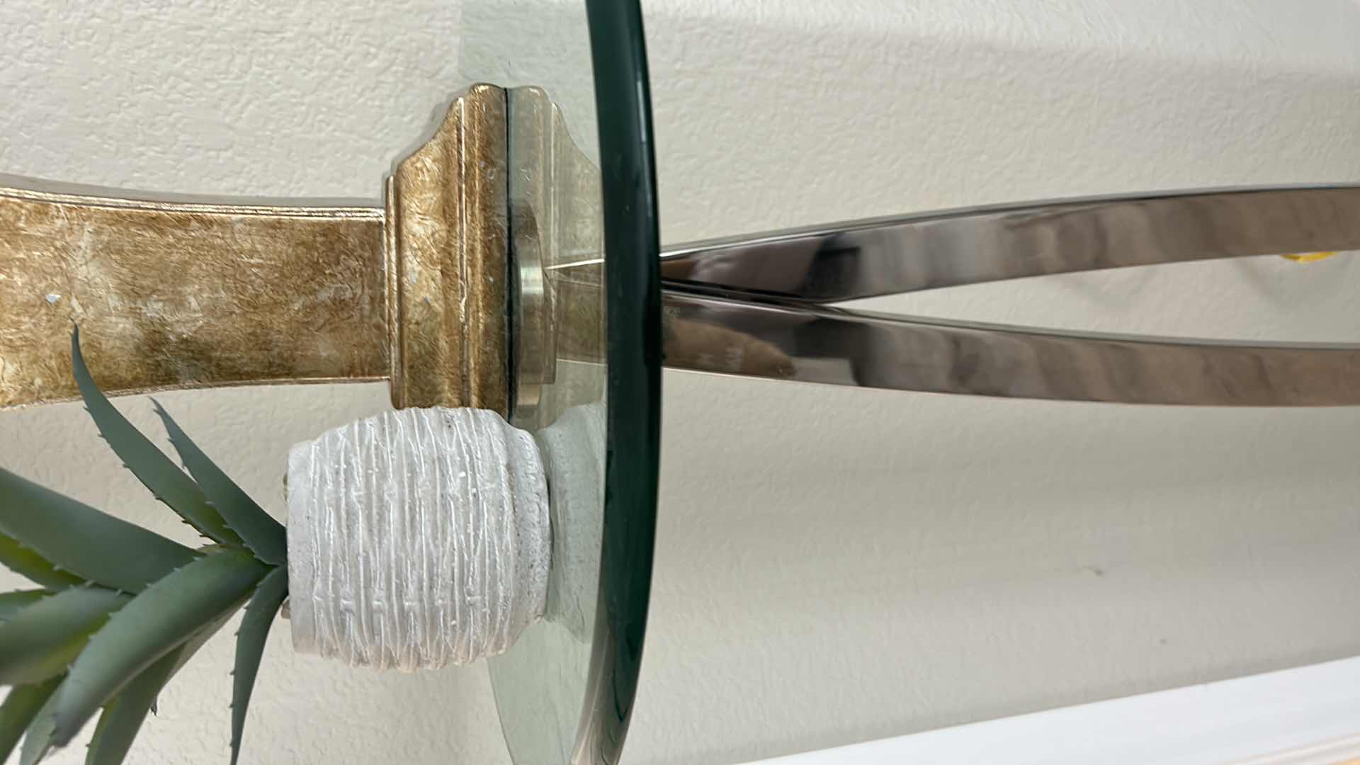 Photo 6 of ELEGANT TALL, MODERN CHROME AND GLASS TOP TABLE WITH HEAVY MARBLE BASE, WITH LAMP AND FAUX PLANT 26” x 50”