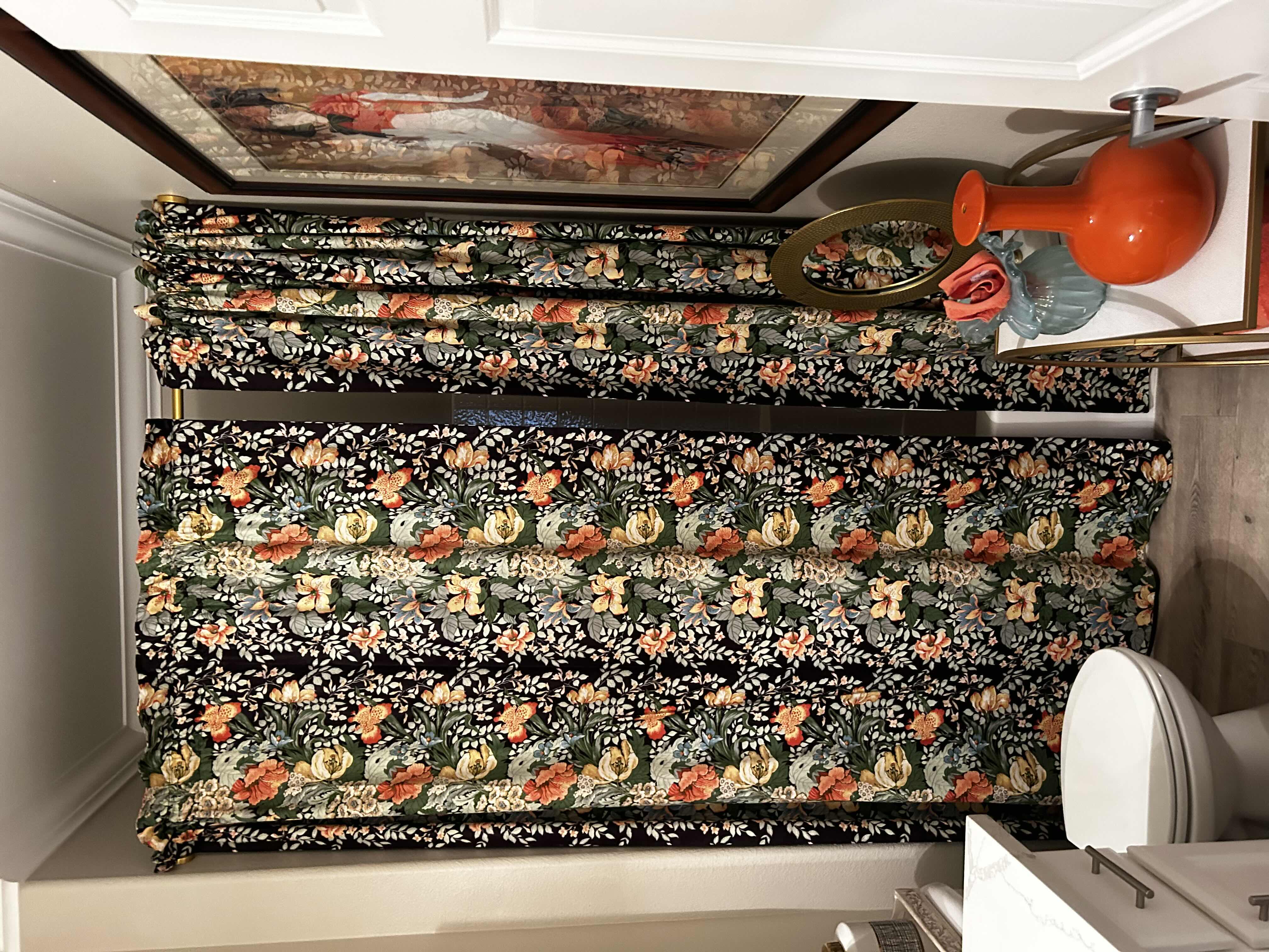 Photo 5 of BATHROOM ENSEMBLE INCLUDES- DRAPERY PANELS, 2 ARTWORK, ORANGE VASE AND GOLD HAMMERED MIRROR ON STAND, 2 BLACK AND WHITE TALL JARS WITH LIDS AND BLUE GLASS VASE (CART NOT INCLUDED) LARGEST FRAMED ARTWORK 3’ x 46”