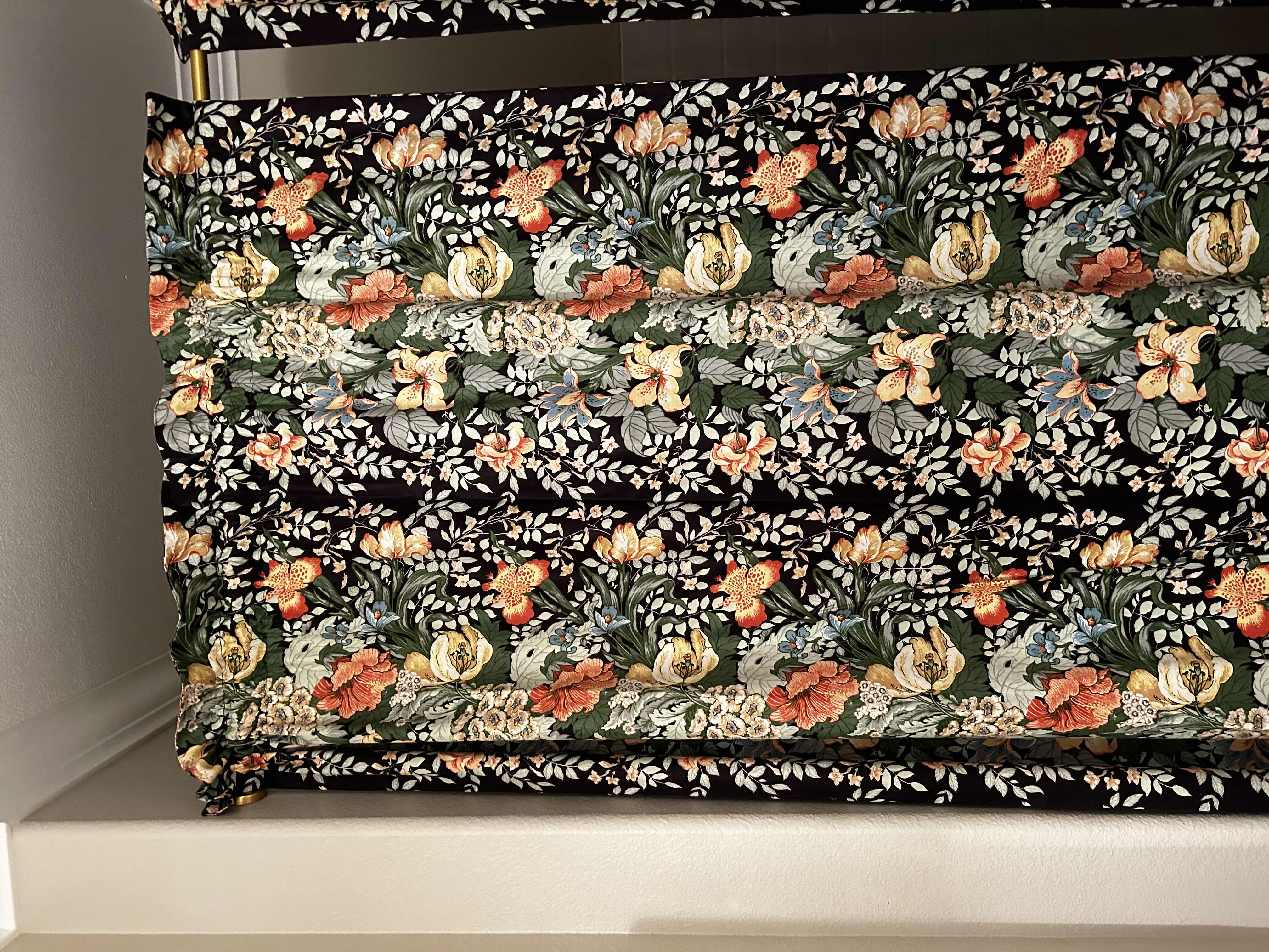 Photo 4 of BATHROOM ENSEMBLE INCLUDES- DRAPERY PANELS, 2 ARTWORK, ORANGE VASE AND GOLD HAMMERED MIRROR ON STAND, 2 BLACK AND WHITE TALL JARS WITH LIDS AND BLUE GLASS VASE (CART NOT INCLUDED) LARGEST FRAMED ARTWORK 3’ x 46”