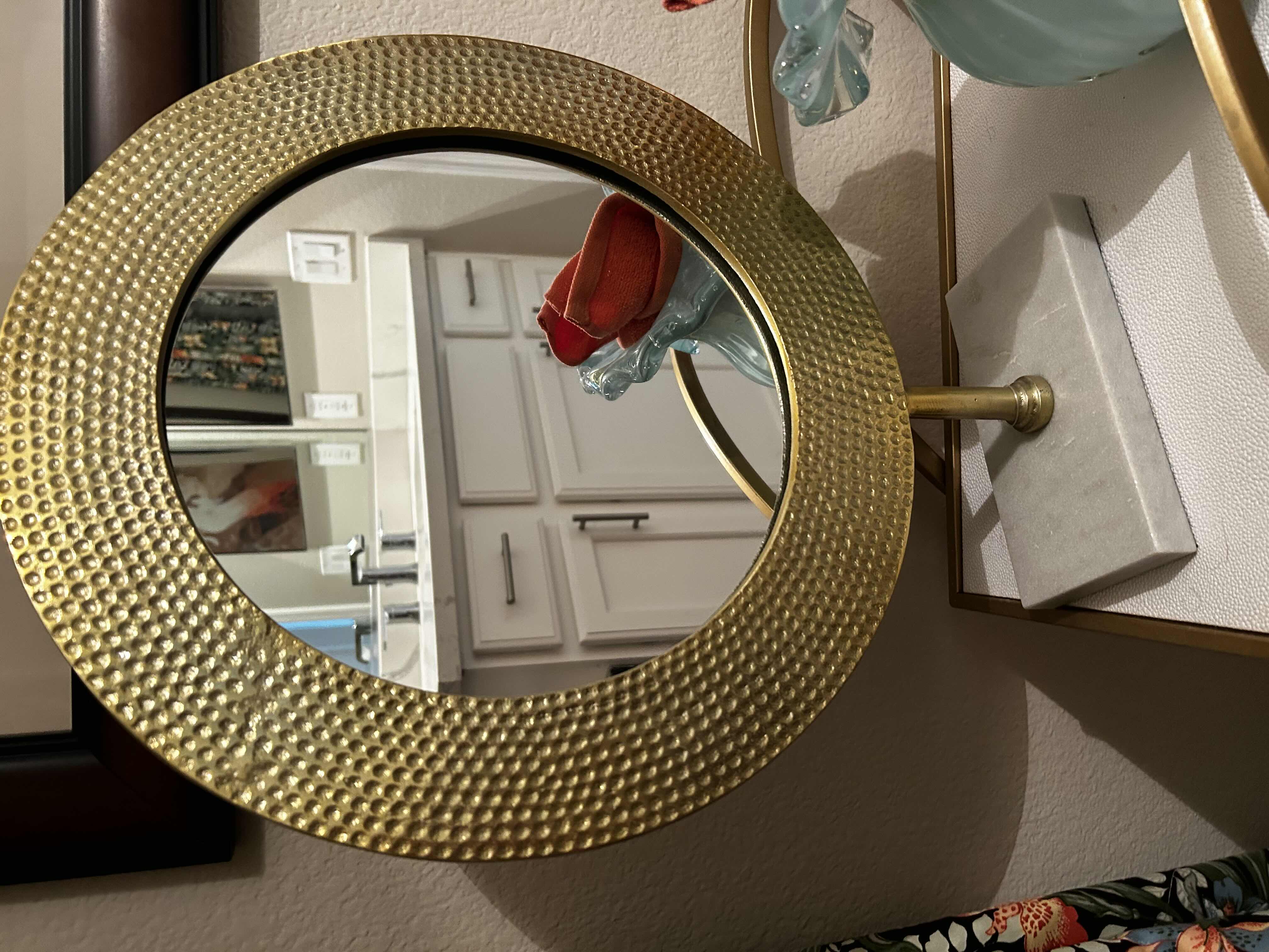 Photo 14 of BATHROOM ENSEMBLE INCLUDES- DRAPERY PANELS, 2 ARTWORK, ORANGE VASE AND GOLD HAMMERED MIRROR ON STAND, 2 BLACK AND WHITE TALL JARS WITH LIDS AND BLUE GLASS VASE (CART NOT INCLUDED) LARGEST FRAMED ARTWORK 3’ x 46”