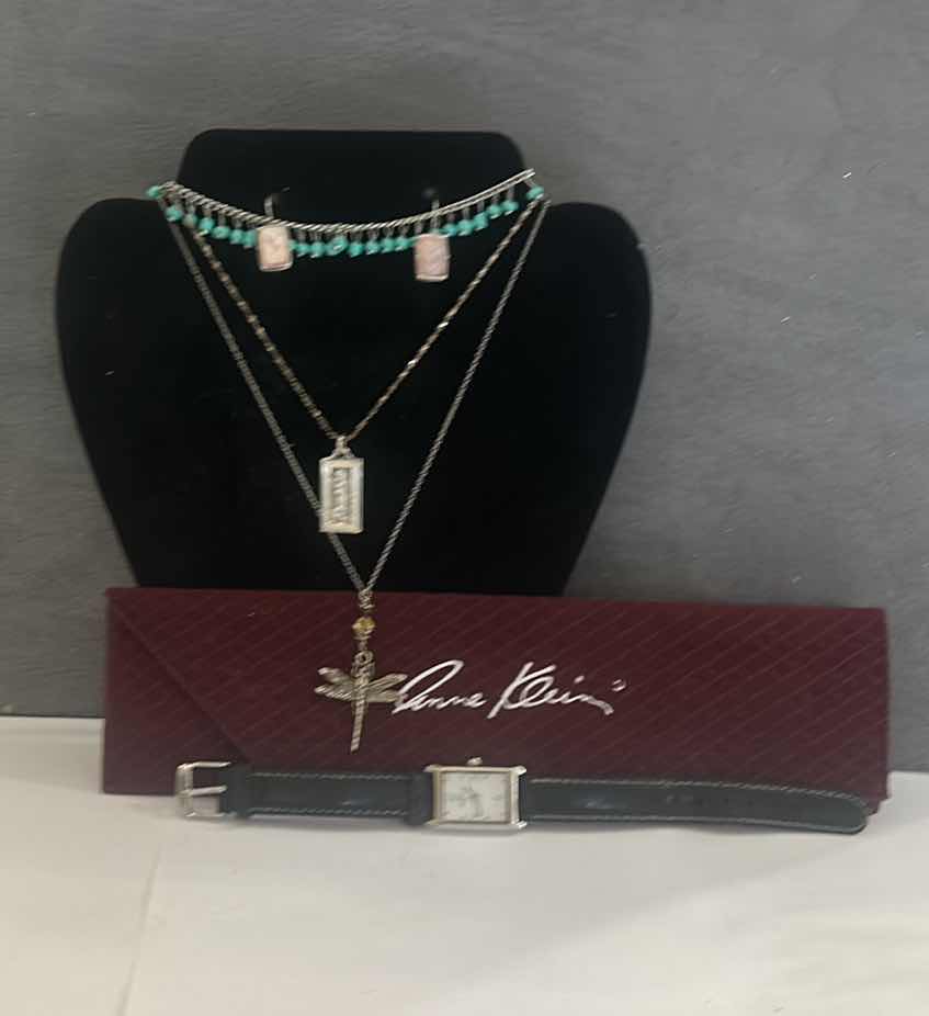 Photo 1 of JEWELRY ASSORTMENT- ANKLET, EARRINGS, .925 PURPOSE PENDANT, DRAGONFLY PENDANT AND CHAIN, ANNE KLEIN WATCH