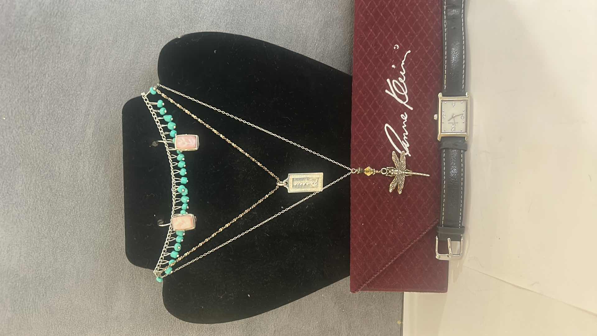 Photo 1 of JEWELRY ASSORTMENT- ANKLET, EARRINGS, .925 PURPOSE PENDANT, DRAGONFLY PENDANT AND CHAIN, ANNE KLEIN WATCH