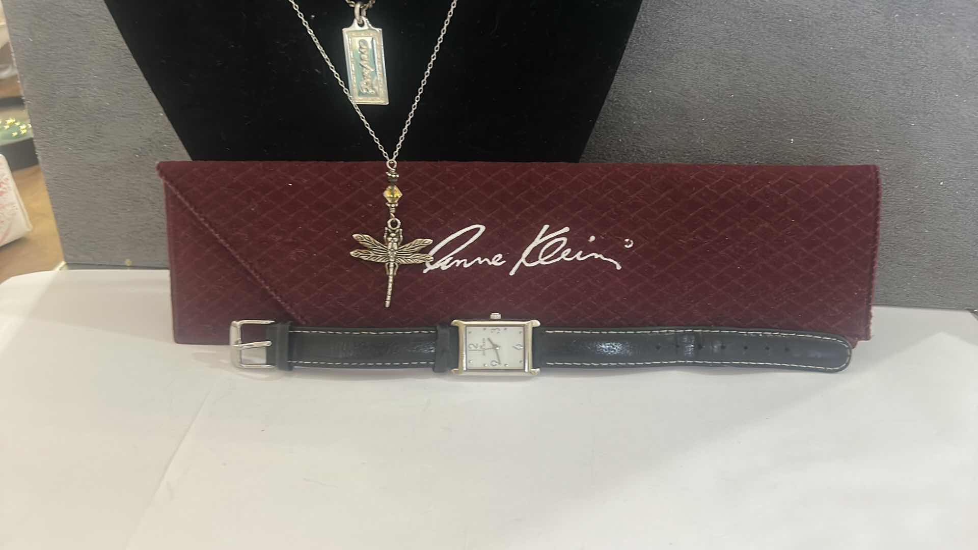 Photo 1 of JEWELRY ASSORTMENT- ANKLET, EARRINGS, .925 PURPOSE PENDANT, DRAGONFLY PENDANT AND CHAIN, ANNE KLEIN WATCH