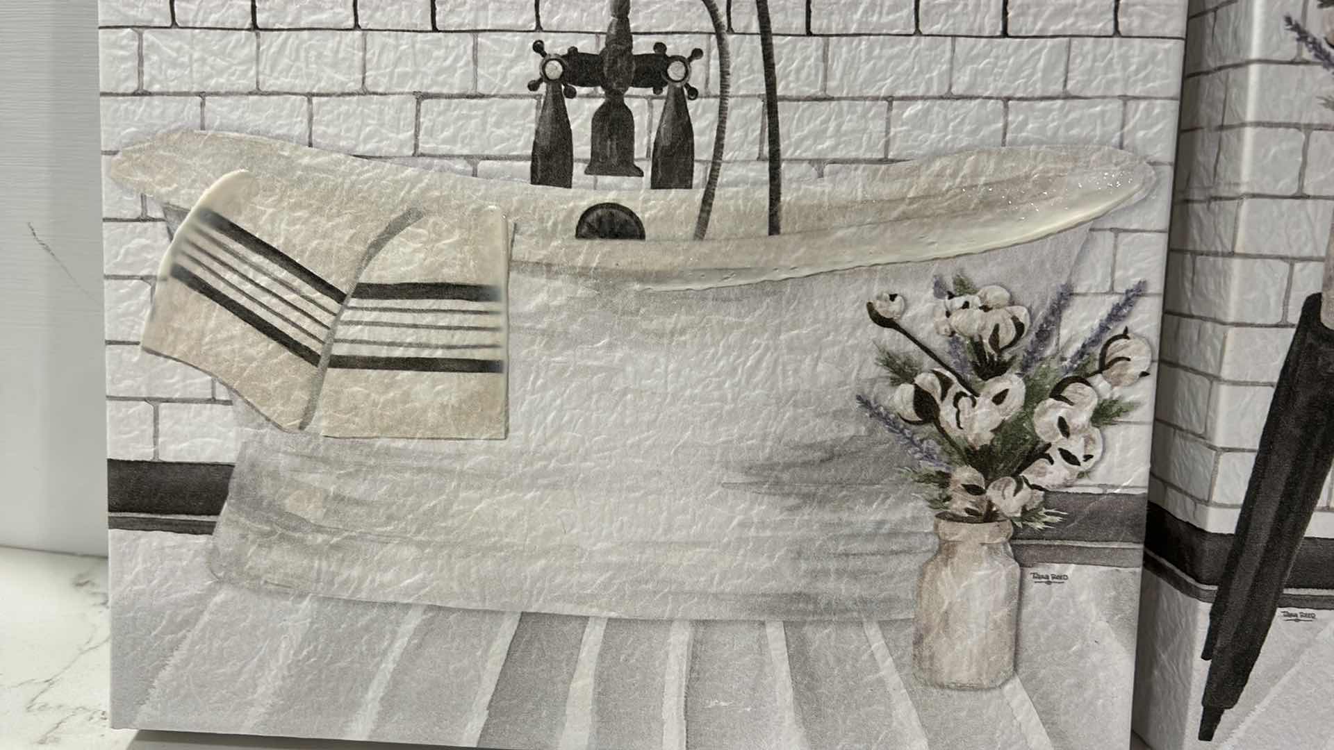 Photo 6 of 3 PC HOME DECOR - 2 KIRKLANDS STRETCH CANVAS FARMHOUSE BATH ART 9” x 9” AND REINDEER LAMP H 19”