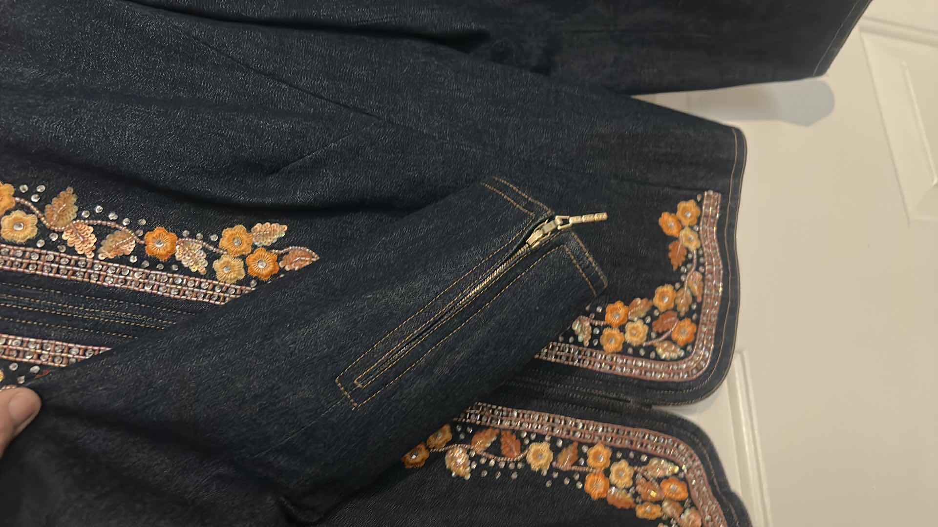 Photo 6 of WOMENS DESIGNER CLOTHING- ESCADA DEEP DENIM BLUE 100% COTTON ZIP UP JACKET WITH FLOWER EMBROIDERY, SEQUINS AND CRYSTALS EUROPEAN SIZE 38