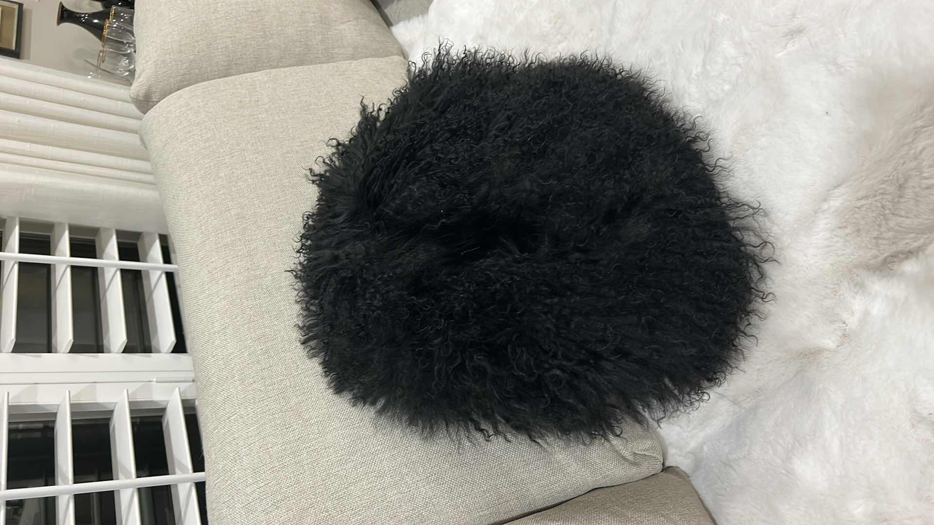Photo 1 of Z GALLERIE BLACK SHEEPSKIN  ROUND PILLOW 16” WITH FUR 22”
