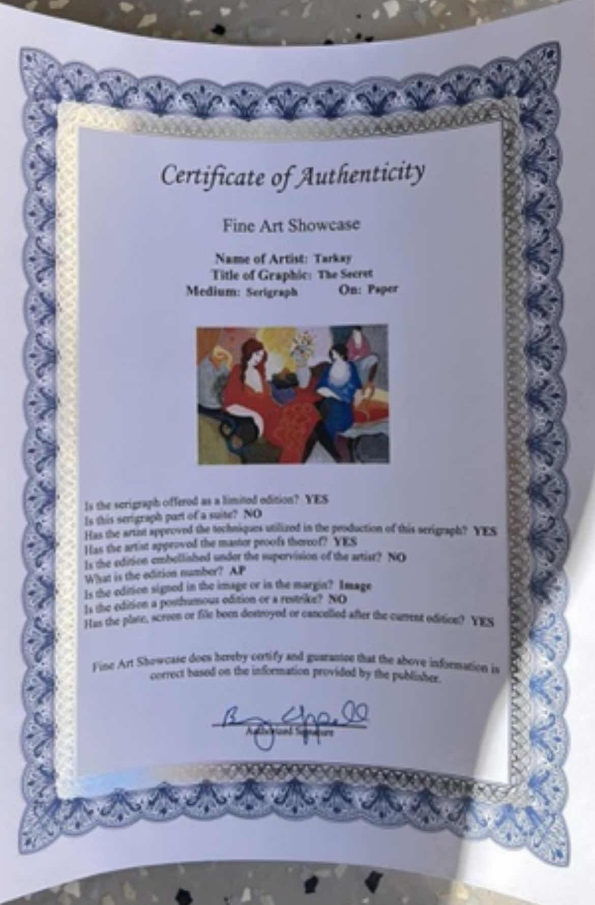 Photo 2 of RARE UNFRAMED TARKAY ARTIST PROOF SERIGRAPH ON PAPER "THE SECRET', SIGNED 30" X 23 ARTWORK WITH COA