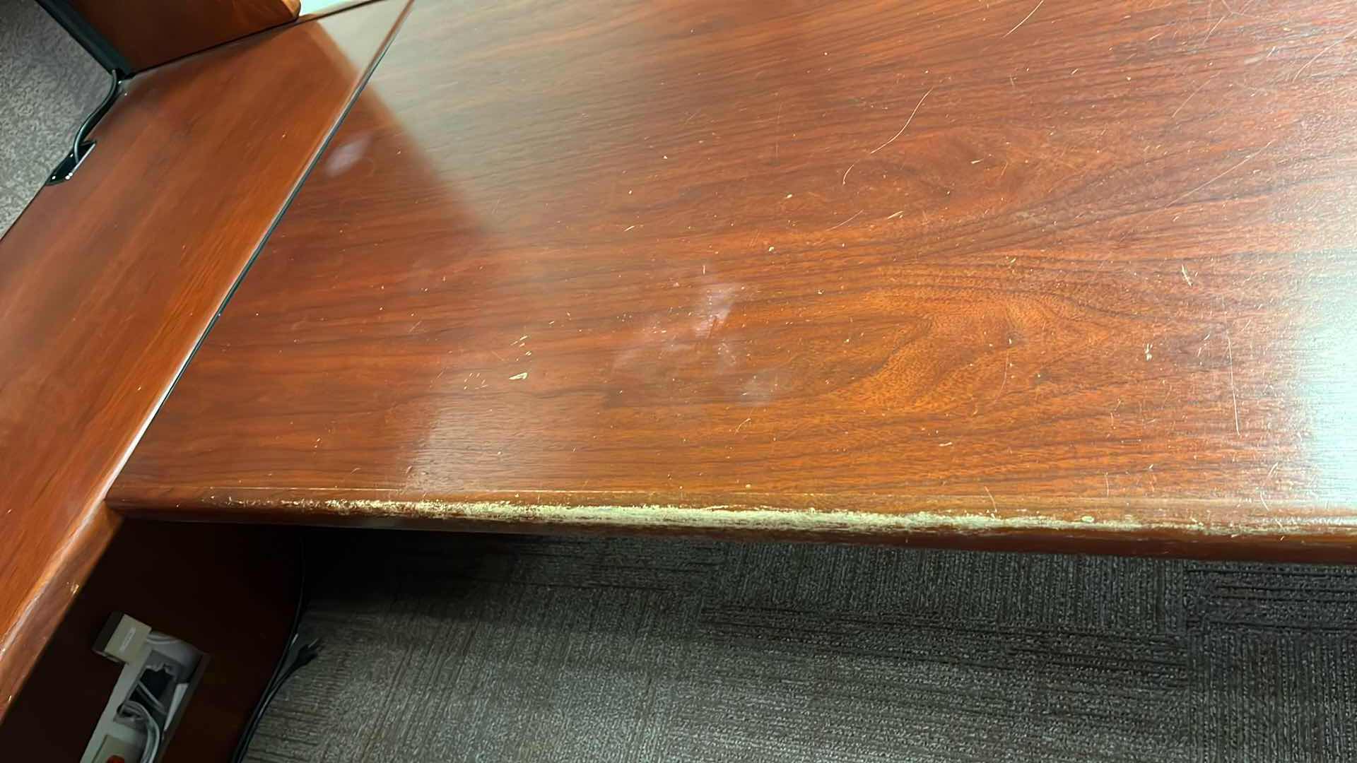 Photo 1 of STEELCASE CHERRY FINISH SOLID WOOD L SHAPE 6 DRAWER OFFICE DESK 90” X 93” H64.5”