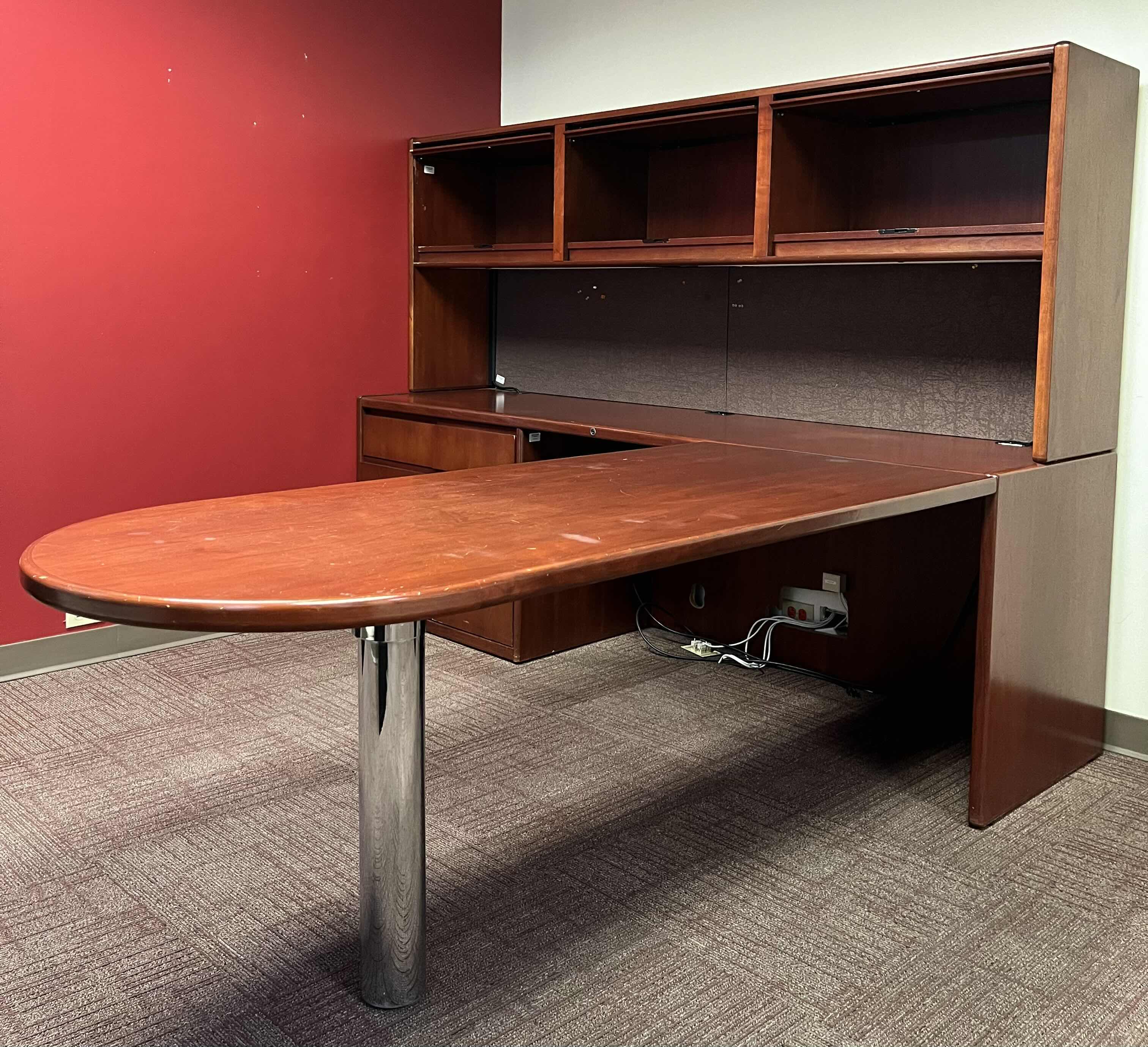 Photo 1 of STEELCASE CHERRY FINISH SOLID WOOD L SHAPE 6 DRAWER OFFICE DESK 90” X 93” H64.5”