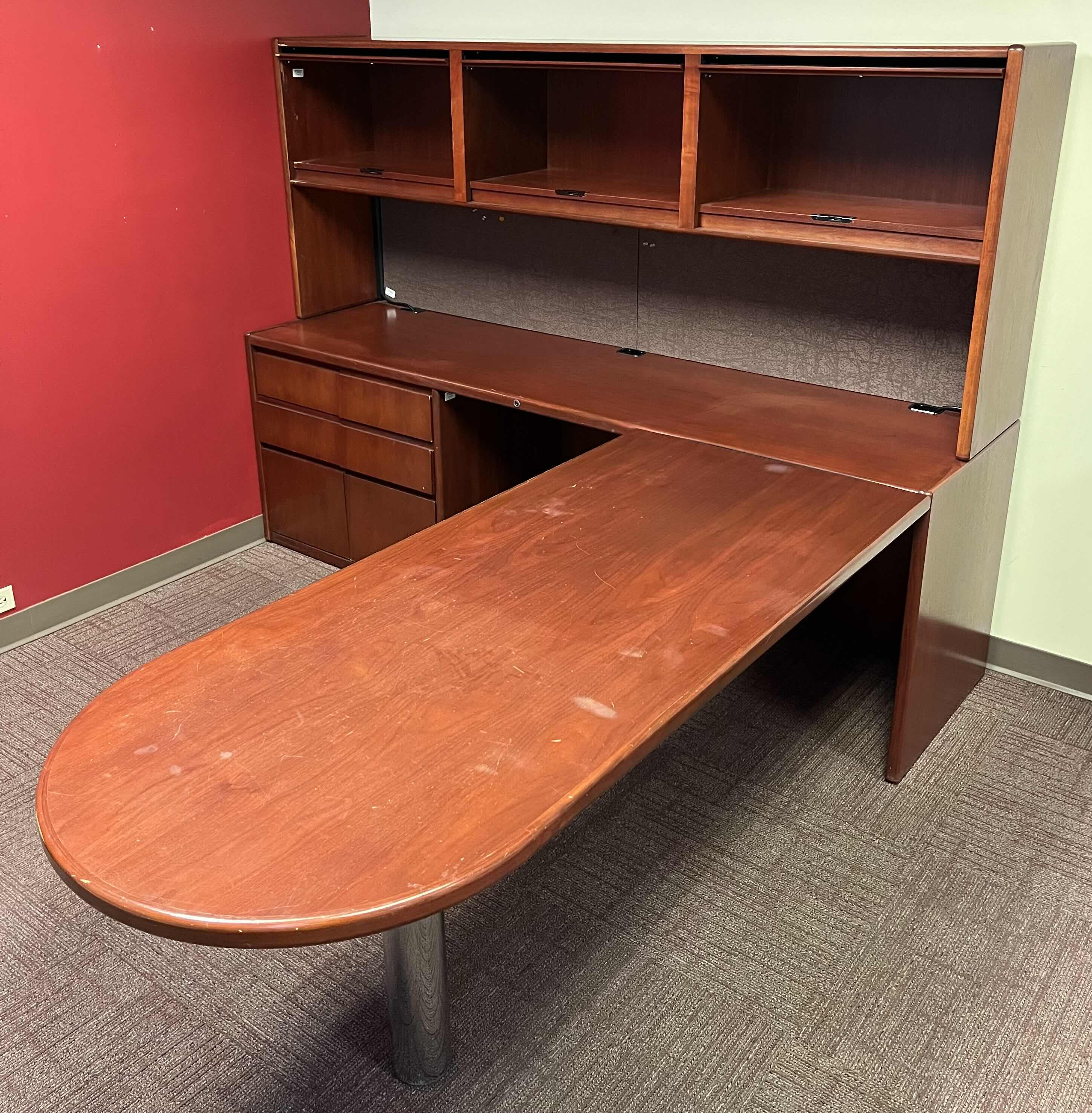 Photo 1 of STEELCASE CHERRY FINISH SOLID WOOD L SHAPE 6 DRAWER OFFICE DESK 90” X 93” H64.5”