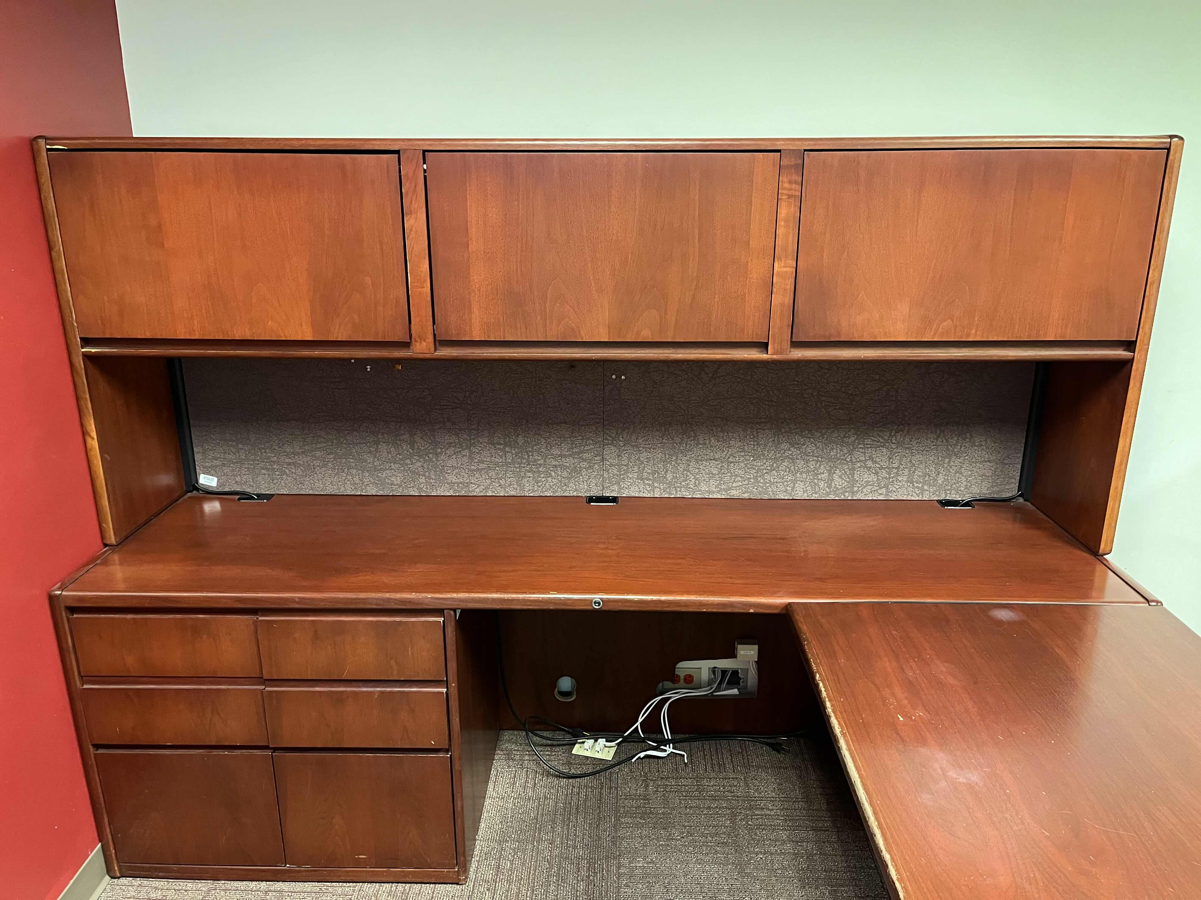 Photo 1 of STEELCASE CHERRY FINISH SOLID WOOD L SHAPE 6 DRAWER OFFICE DESK 90” X 93” H64.5”