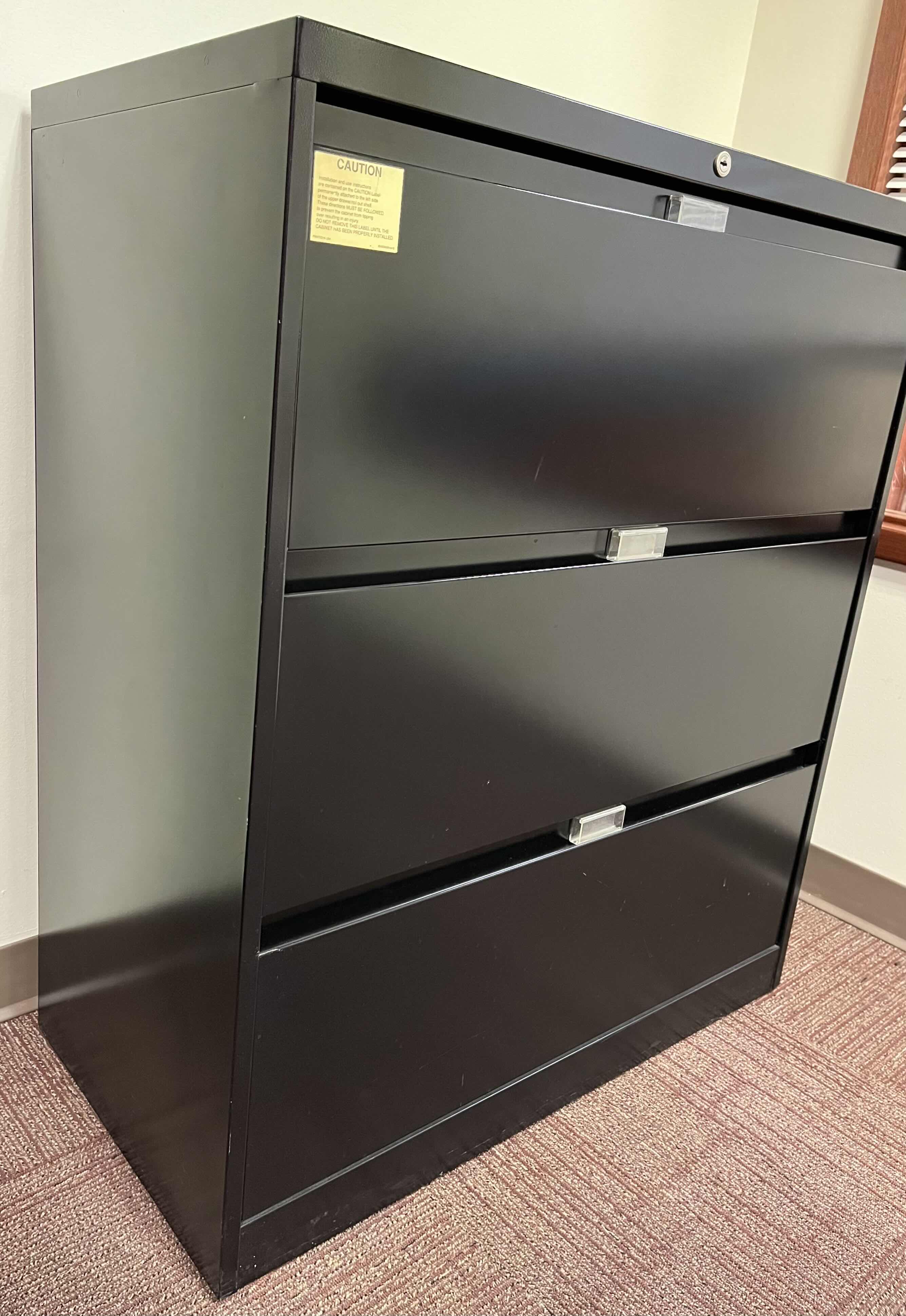 Photo 1 of STEELCASE BLACK METAL 3 DRAWER LATERAL FILE CABINET 36” X 18” H41.5”