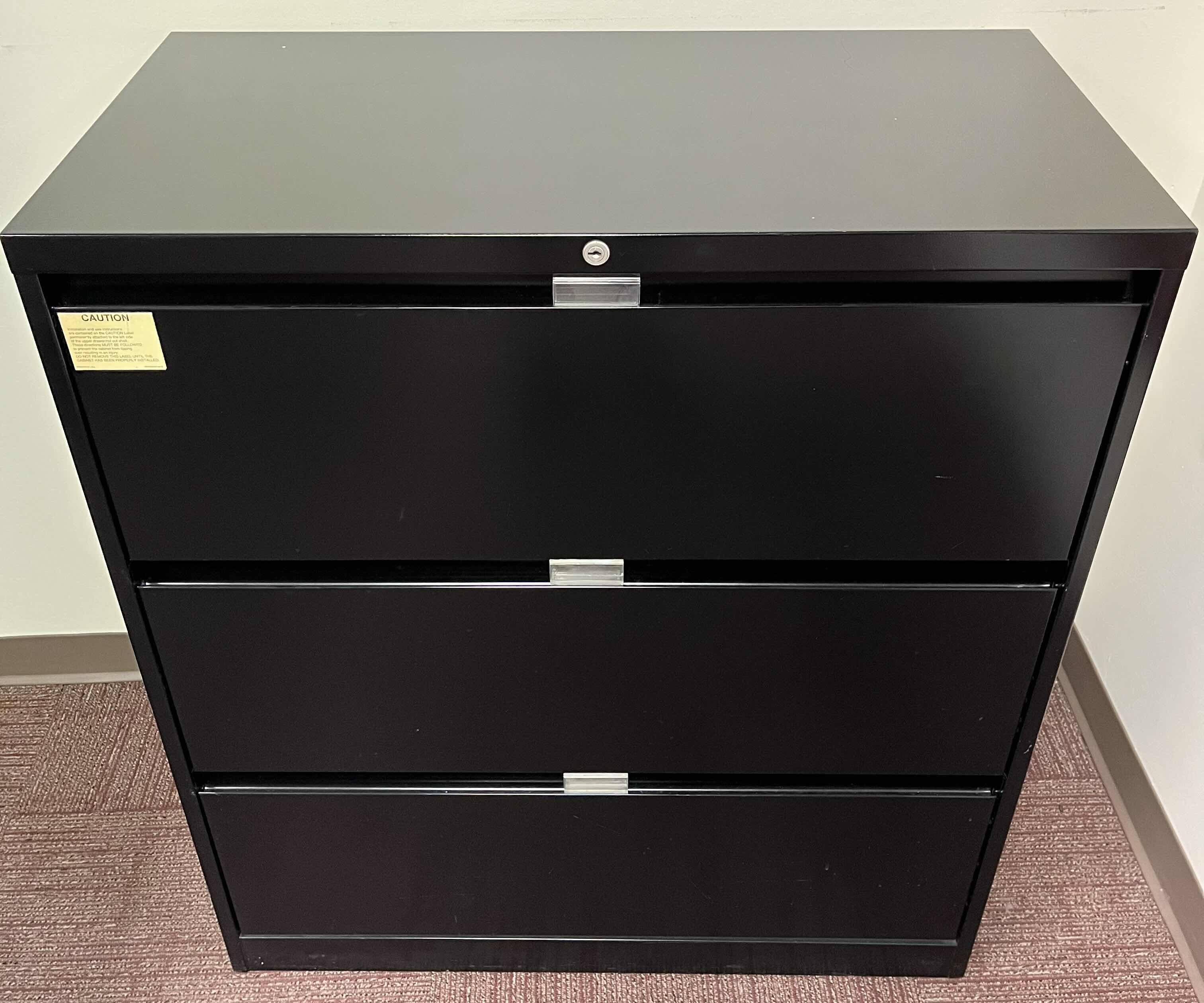 Photo 1 of STEELCASE BLACK METAL 3 DRAWER LATERAL FILE CABINET 36” X 18” H41.5”