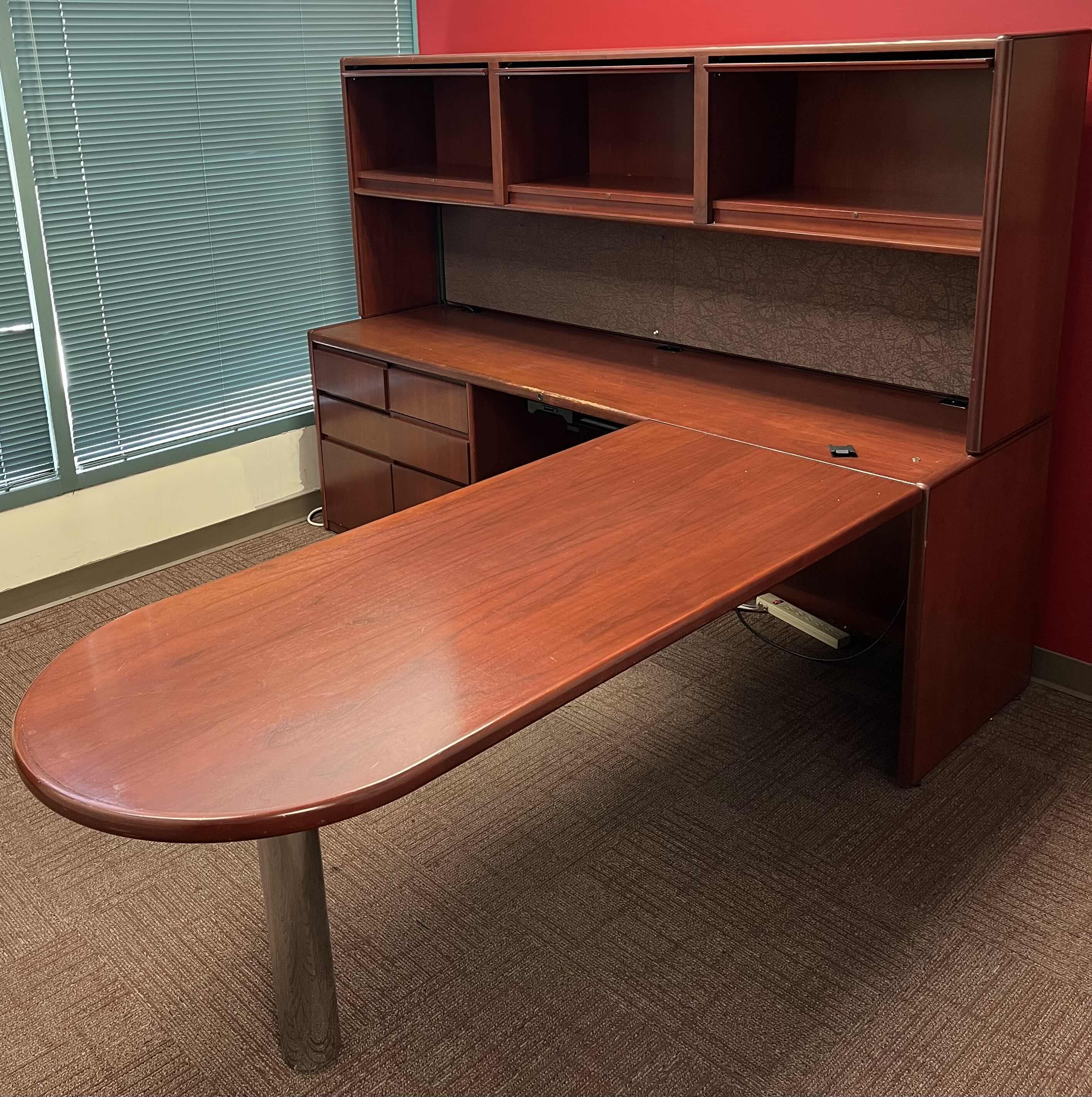 Photo 1 of STEELCASE CHERRY FINISH SOLID WOOD L SHAPE 6 DRAWER OFFICE DESK 90” X 93” H64.5”