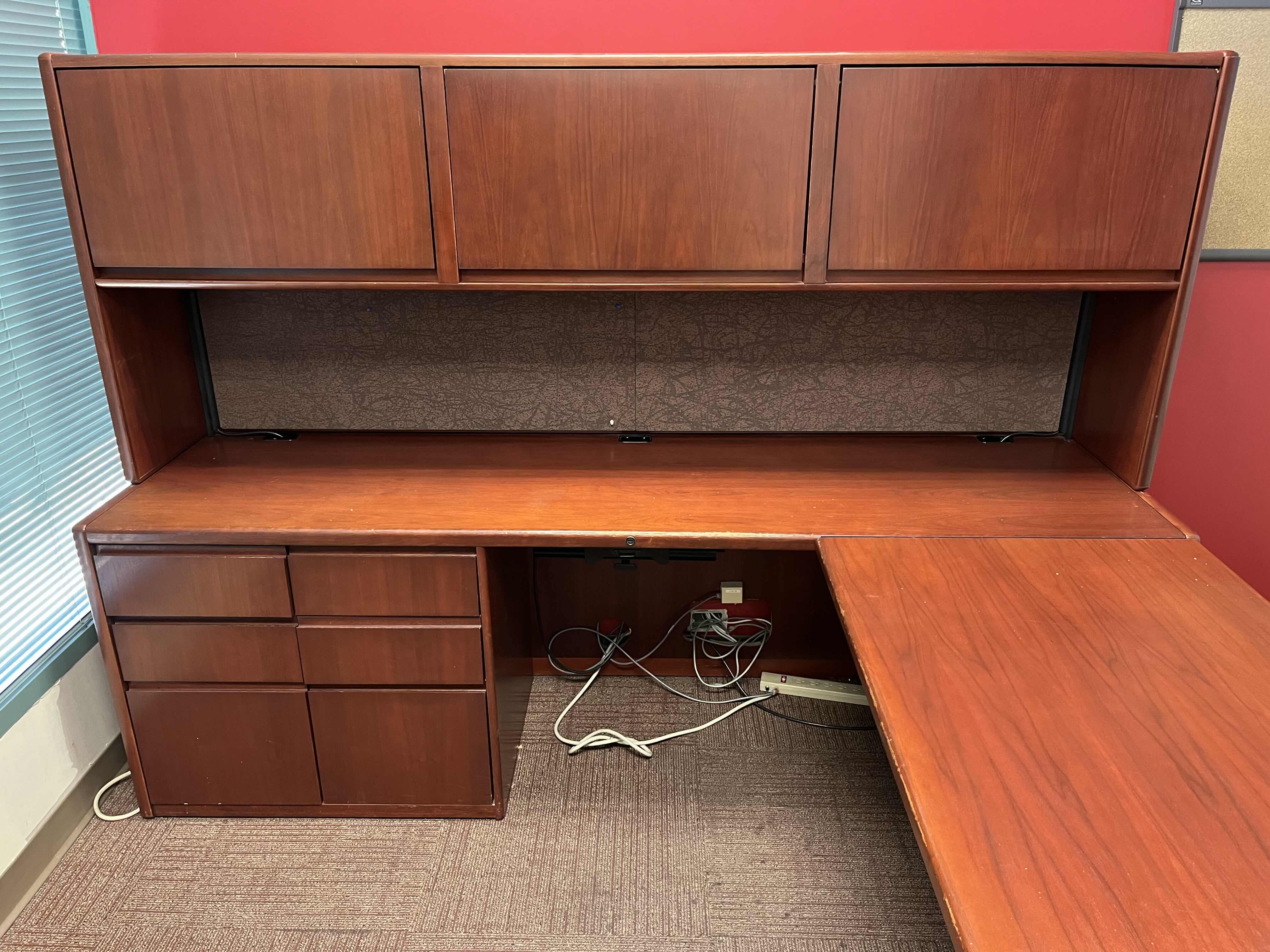 Photo 1 of STEELCASE CHERRY FINISH SOLID WOOD L SHAPE 6 DRAWER OFFICE DESK 90” X 93” H64.5”