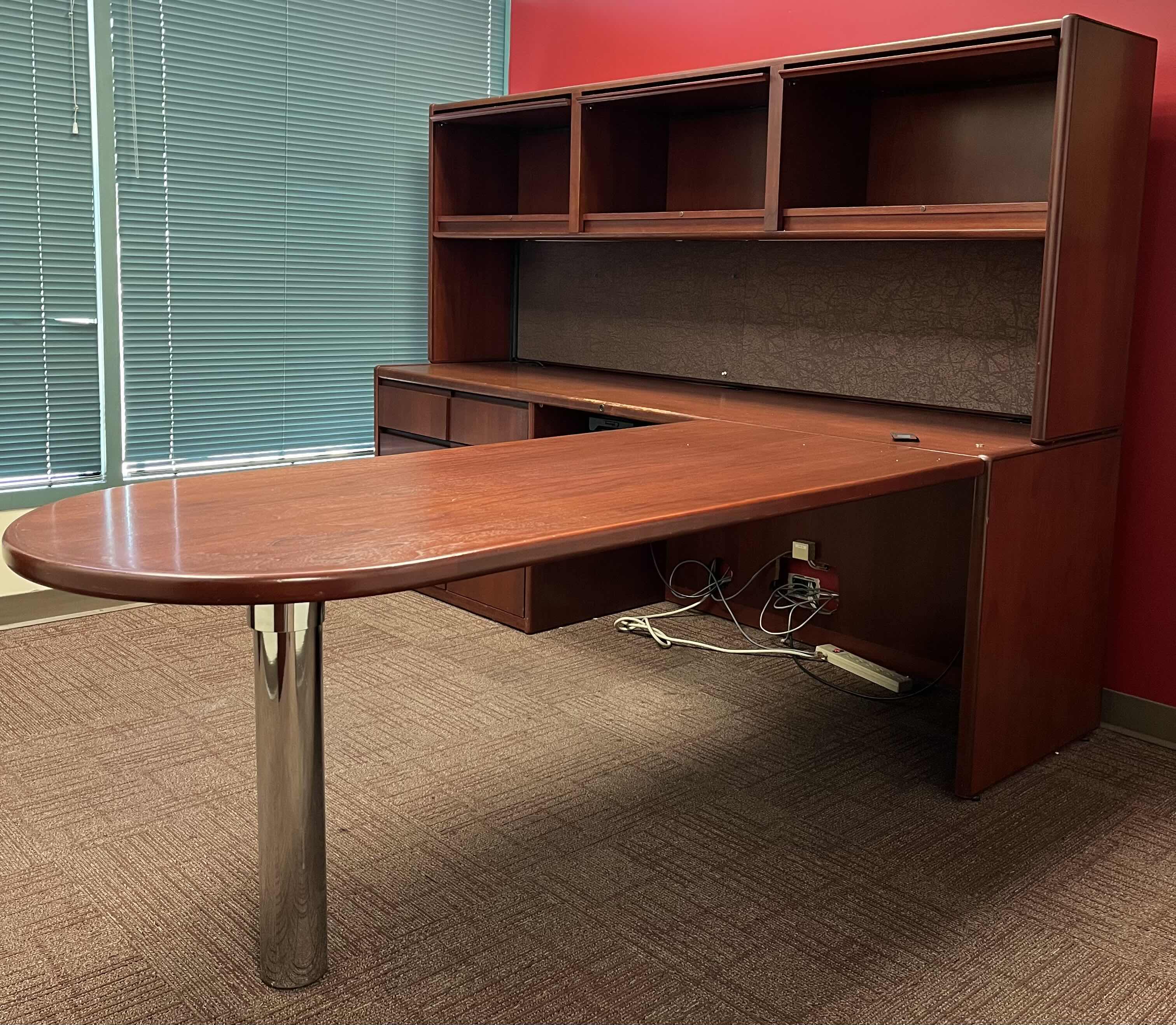Photo 1 of STEELCASE CHERRY FINISH SOLID WOOD L SHAPE 6 DRAWER OFFICE DESK 90” X 93” H64.5”