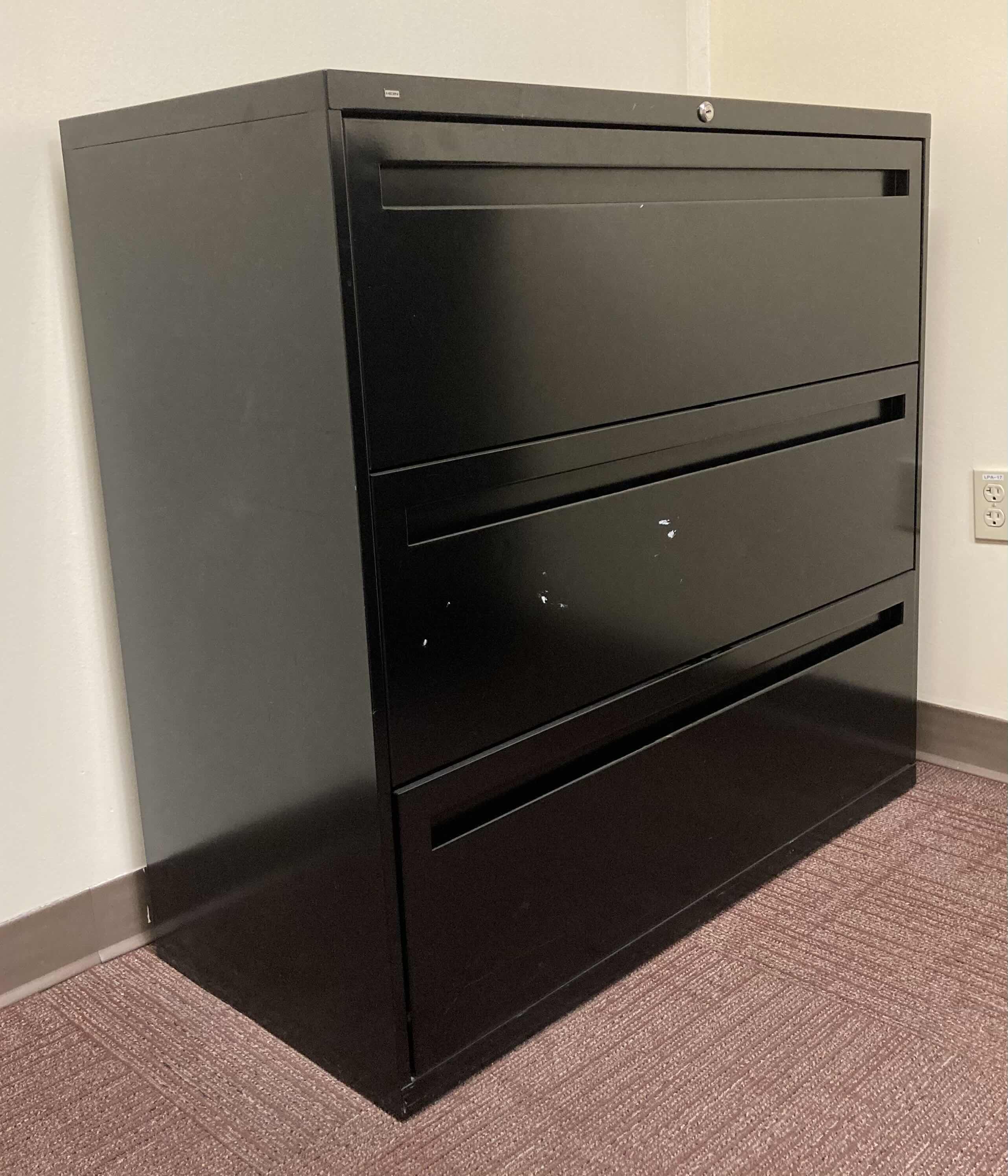 Photo 1 of HON BLACK 3 DRAWER LATERAL FILING CABINET 42” X 19.25” H40.5”