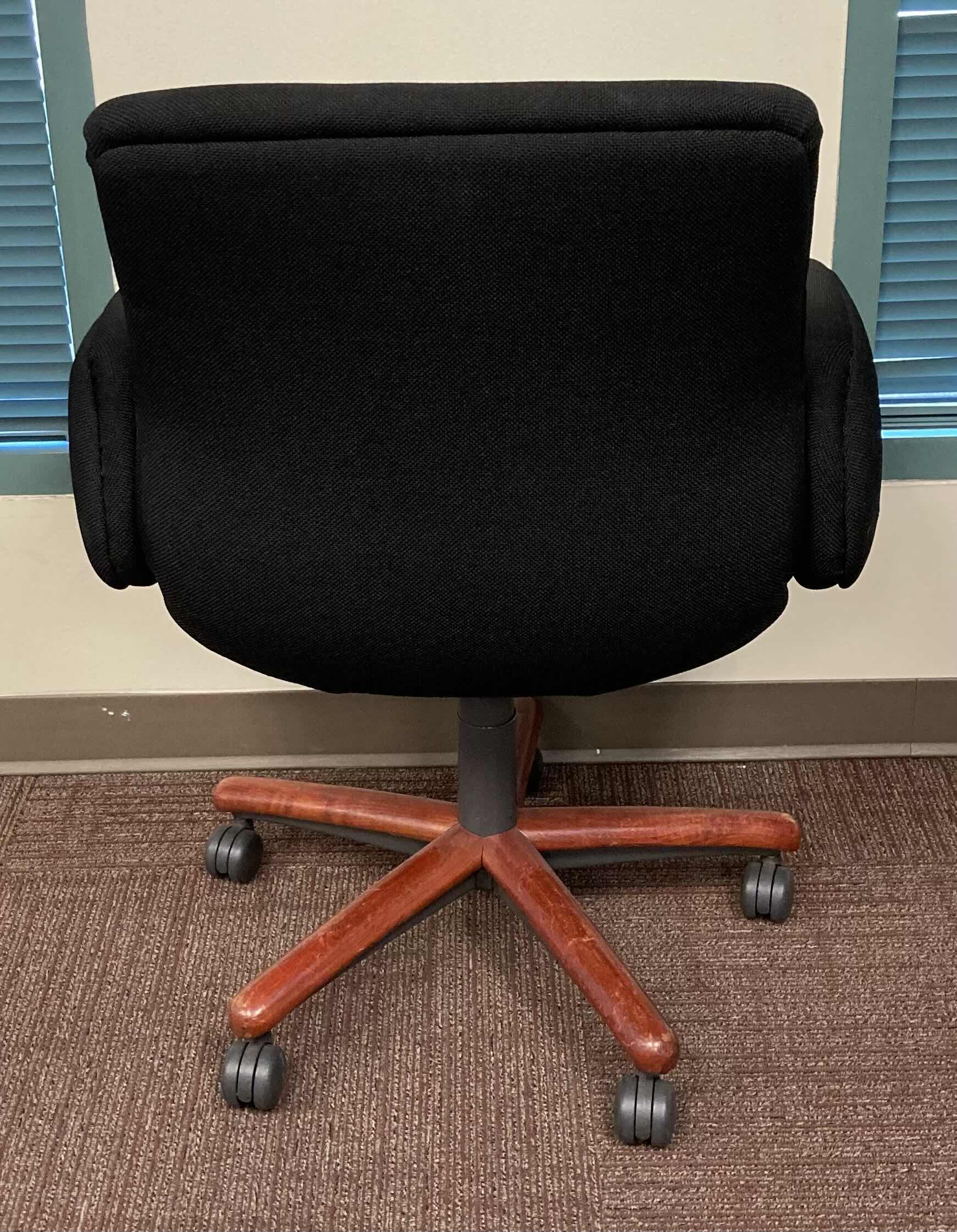 Photo 1 of STEELCASE BLACK UPHOLSTERY CHERRY FINISH SWIVEL OFFICE CHAIR 26” X 24” H36”