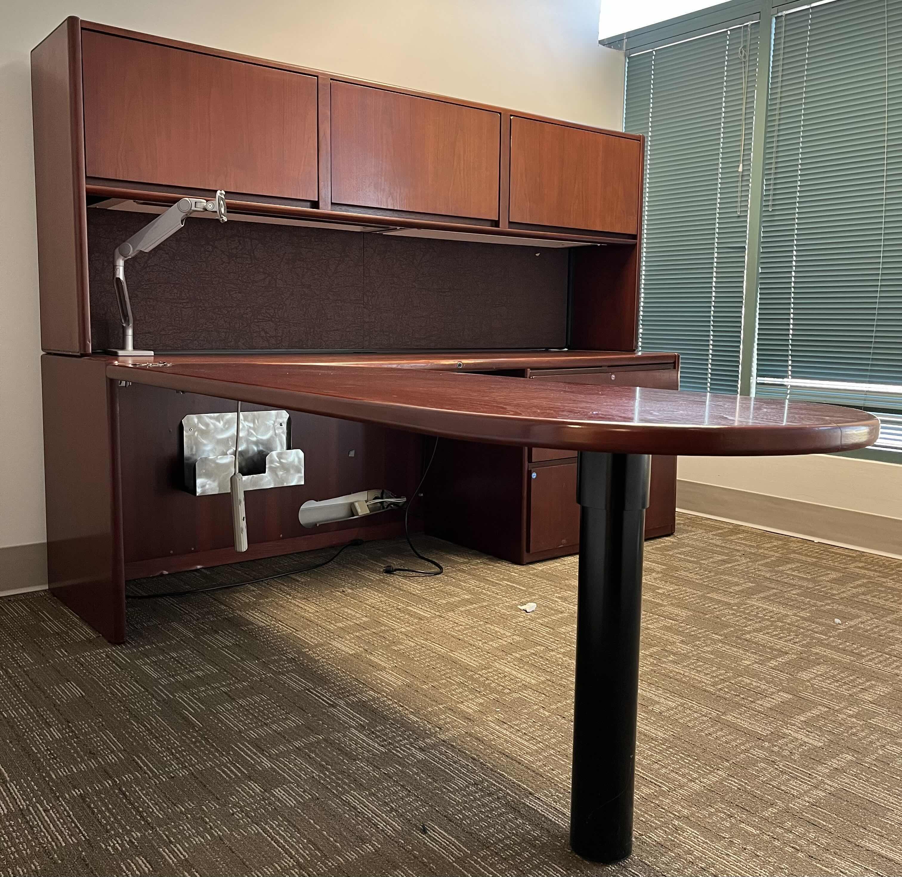 Photo 2 of STEELCASE CHERRY FINISH SOLID WOOD L SHAPE 6 DRAWER OFFICE DESK 90” X 93” H64.5”