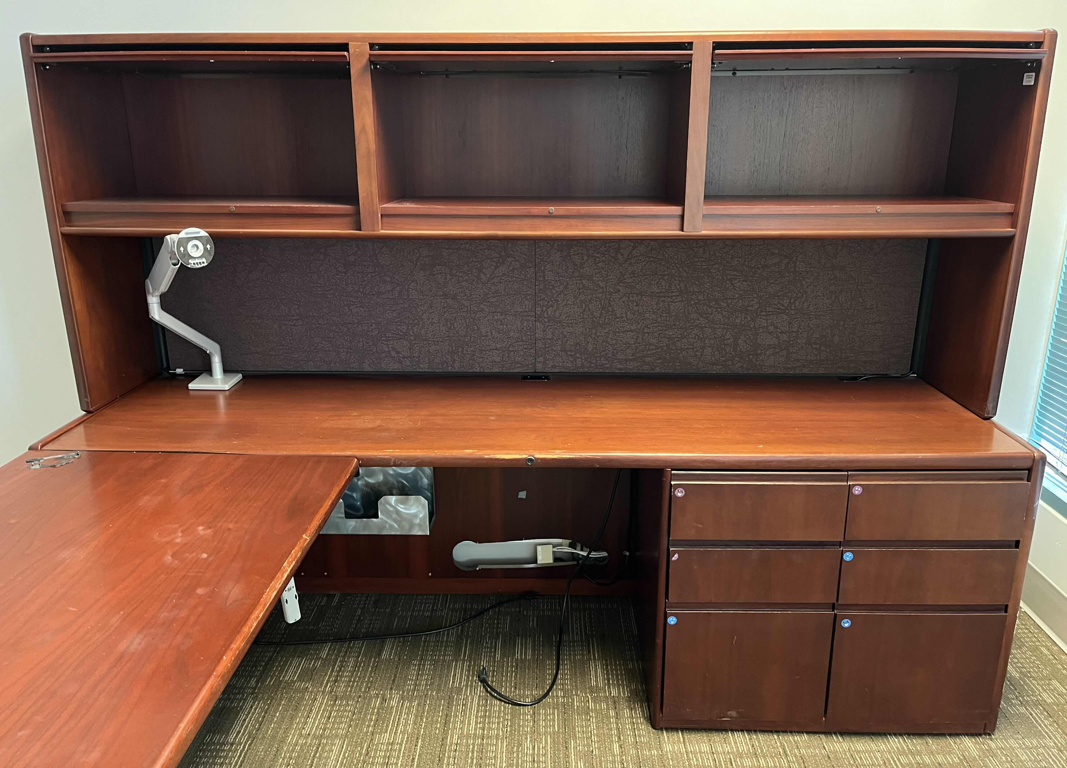 Photo 4 of STEELCASE CHERRY FINISH SOLID WOOD L SHAPE 6 DRAWER OFFICE DESK 90” X 93” H64.5”